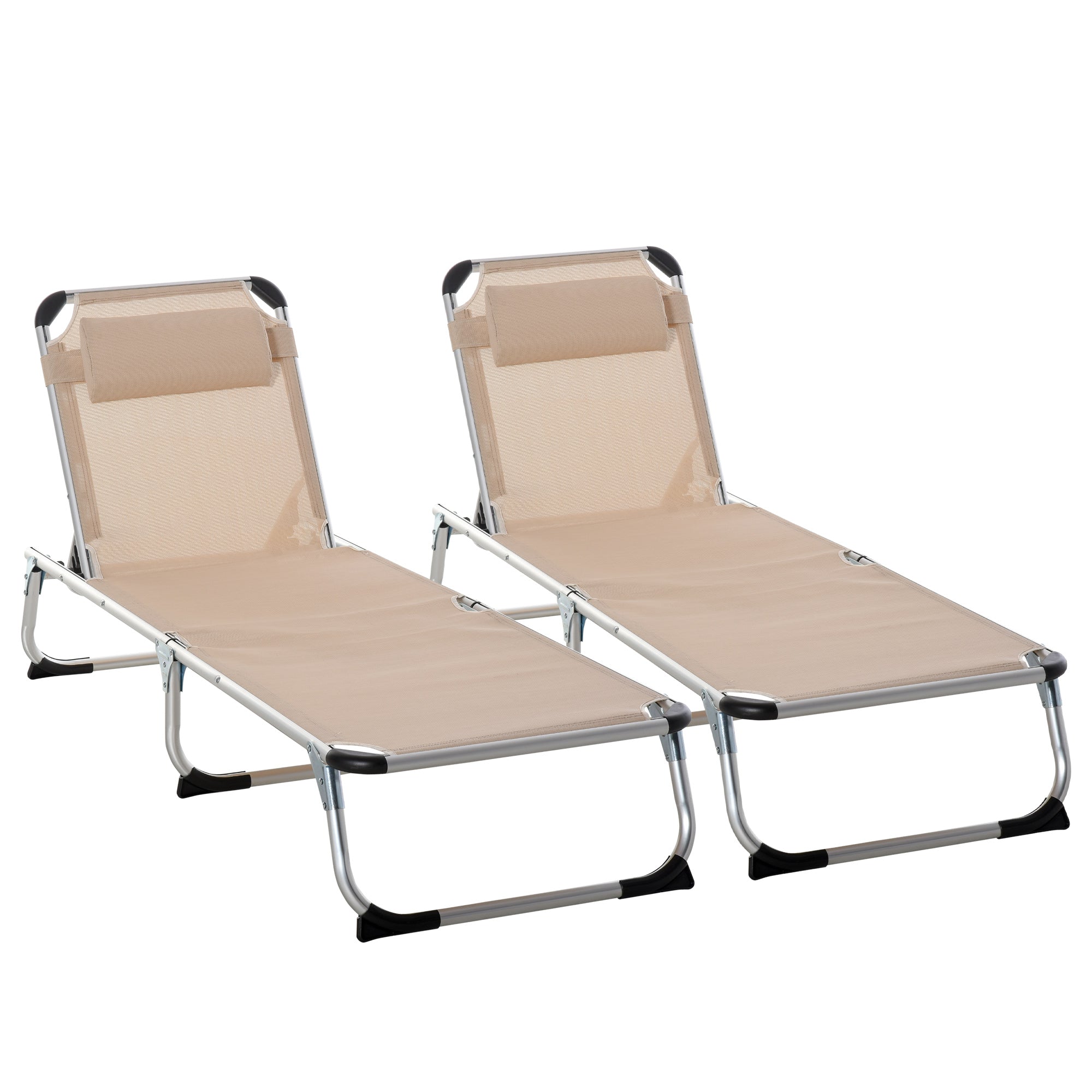 Set of 2 Foldable Sun Loungers with Adjustable Backrest - Khaki
