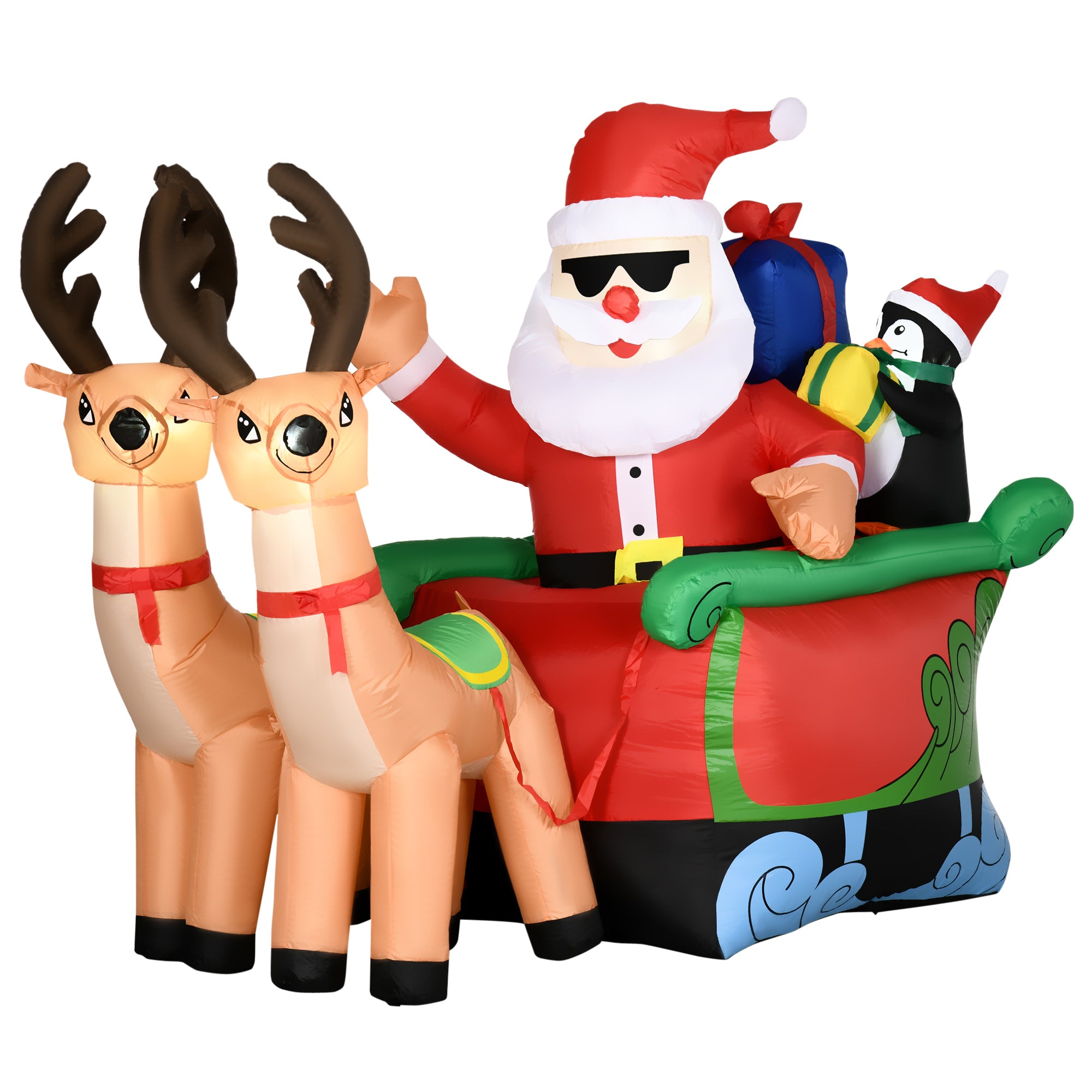 6ft Inflatable Christmas Santa Claus & Penguin on Sleigh with 2 Reindeer LED Yard Display - Red