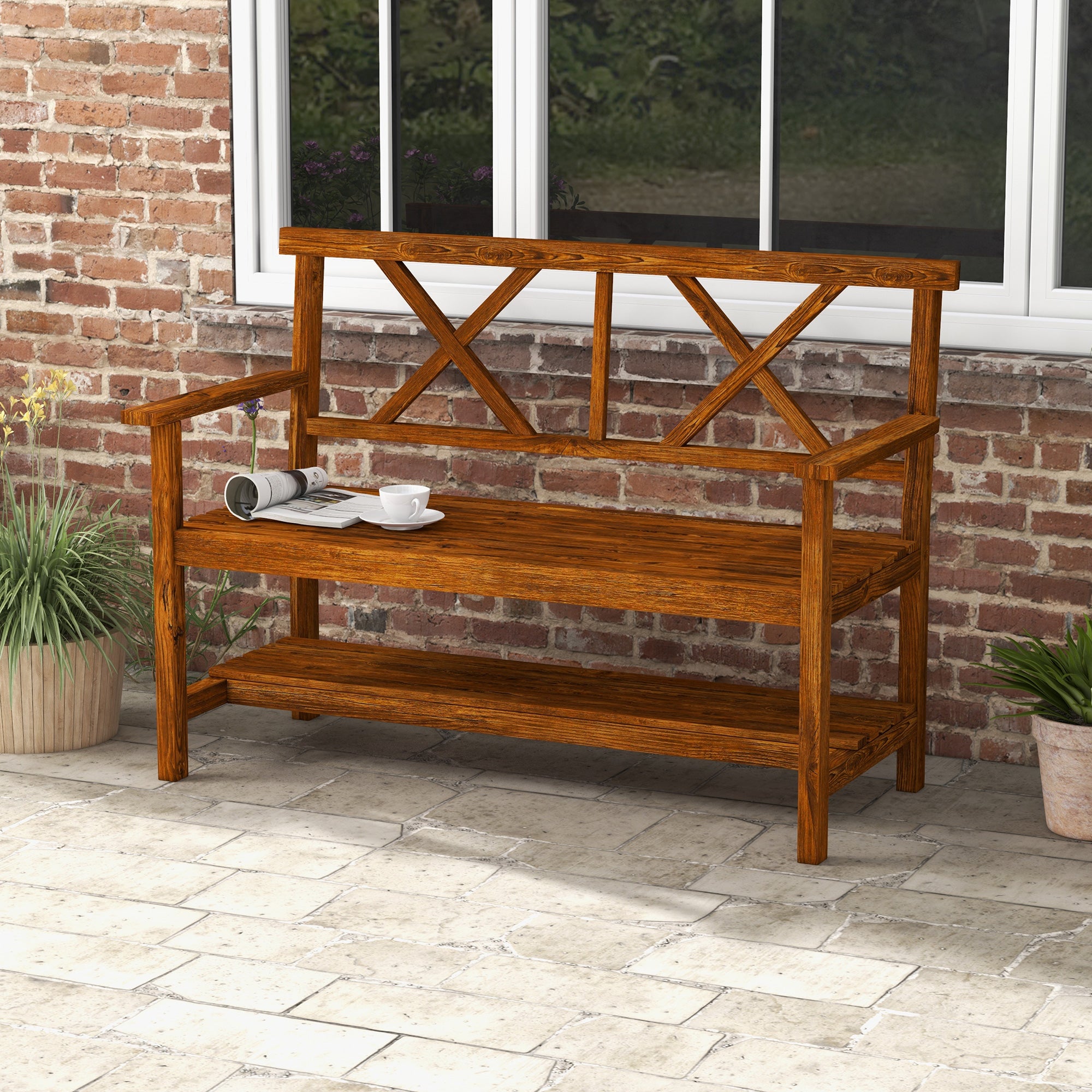 2 Seater Wooden Garden Bench with Storage Shelf Carbonised Finish