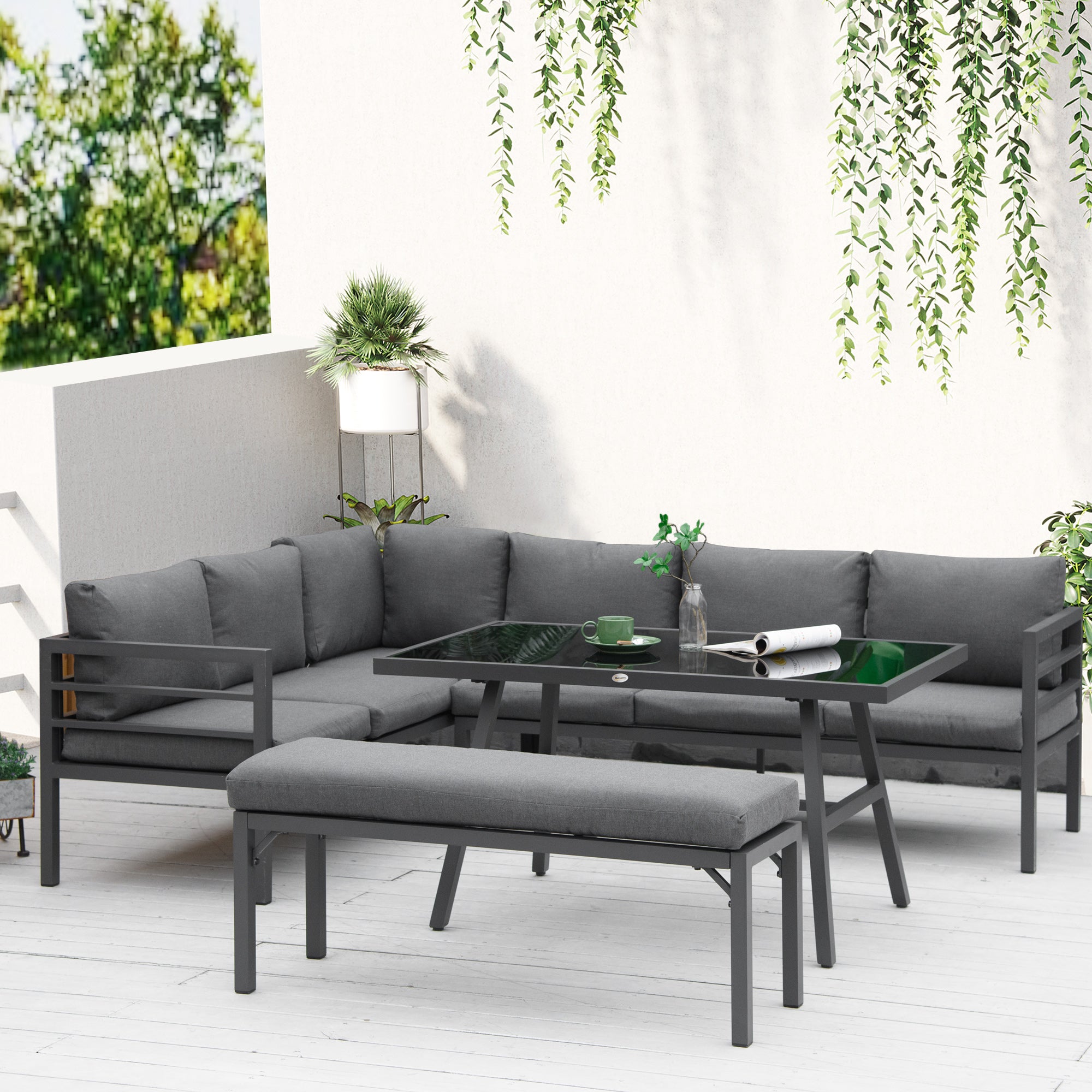 4 Piece L-Shaped Aluminium Garden Furniture Set 8-Seater Grey