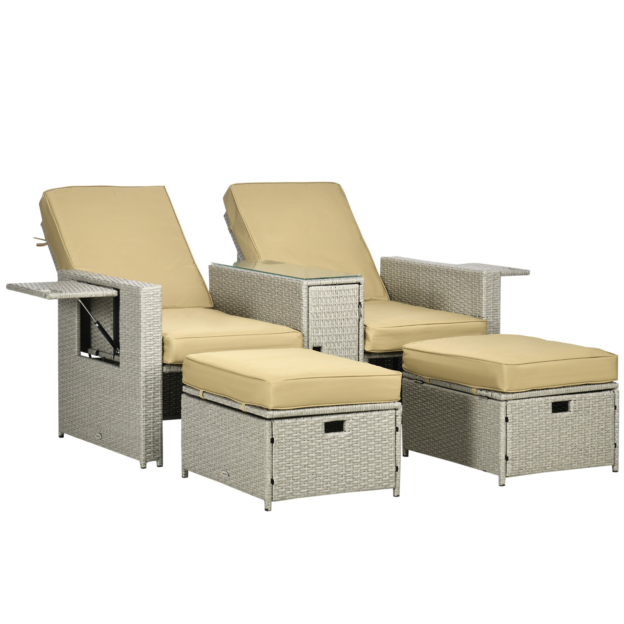 5 Piece PE Rattan Sun Lounger Set with Adjustable Recliners Beige