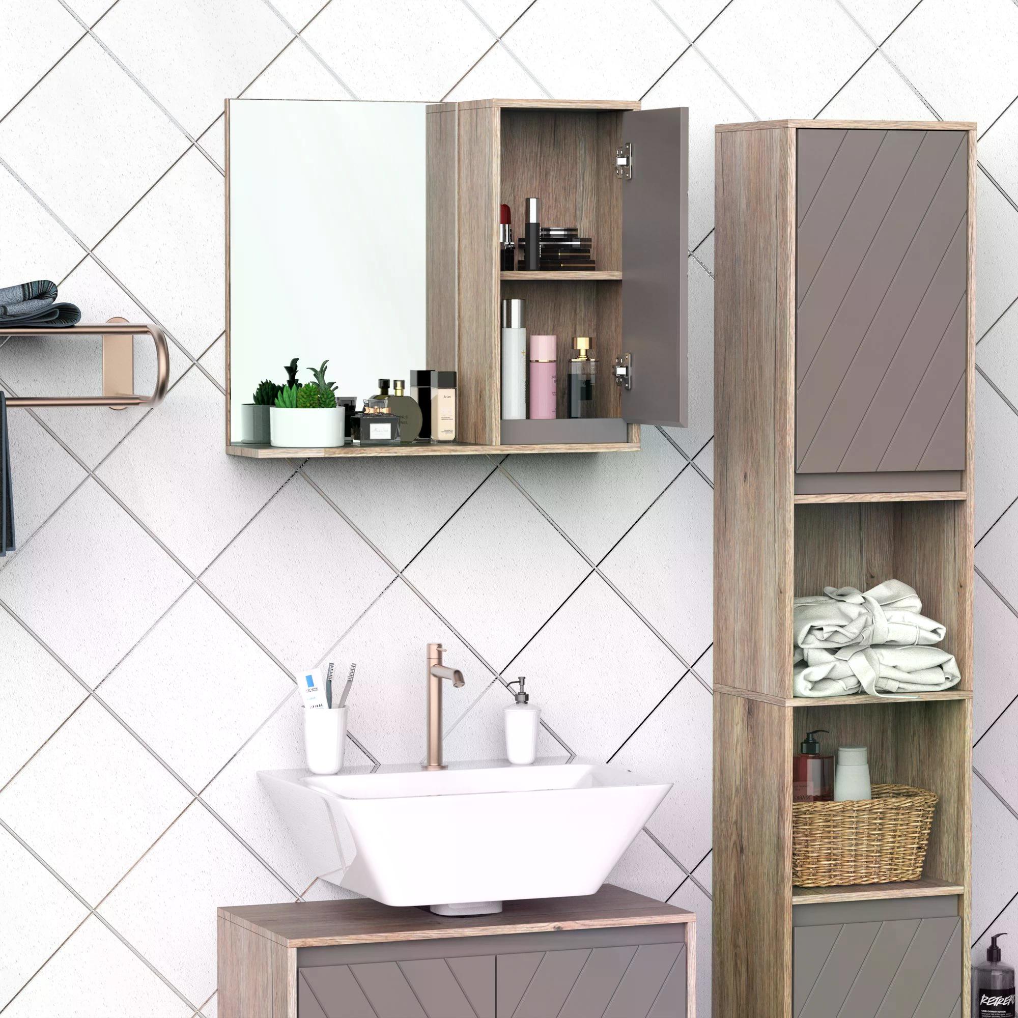 Wall Mounted MDF Bathroom Cabinet with Mirror and Adjustable Shelf - Grey & Oak Brown
