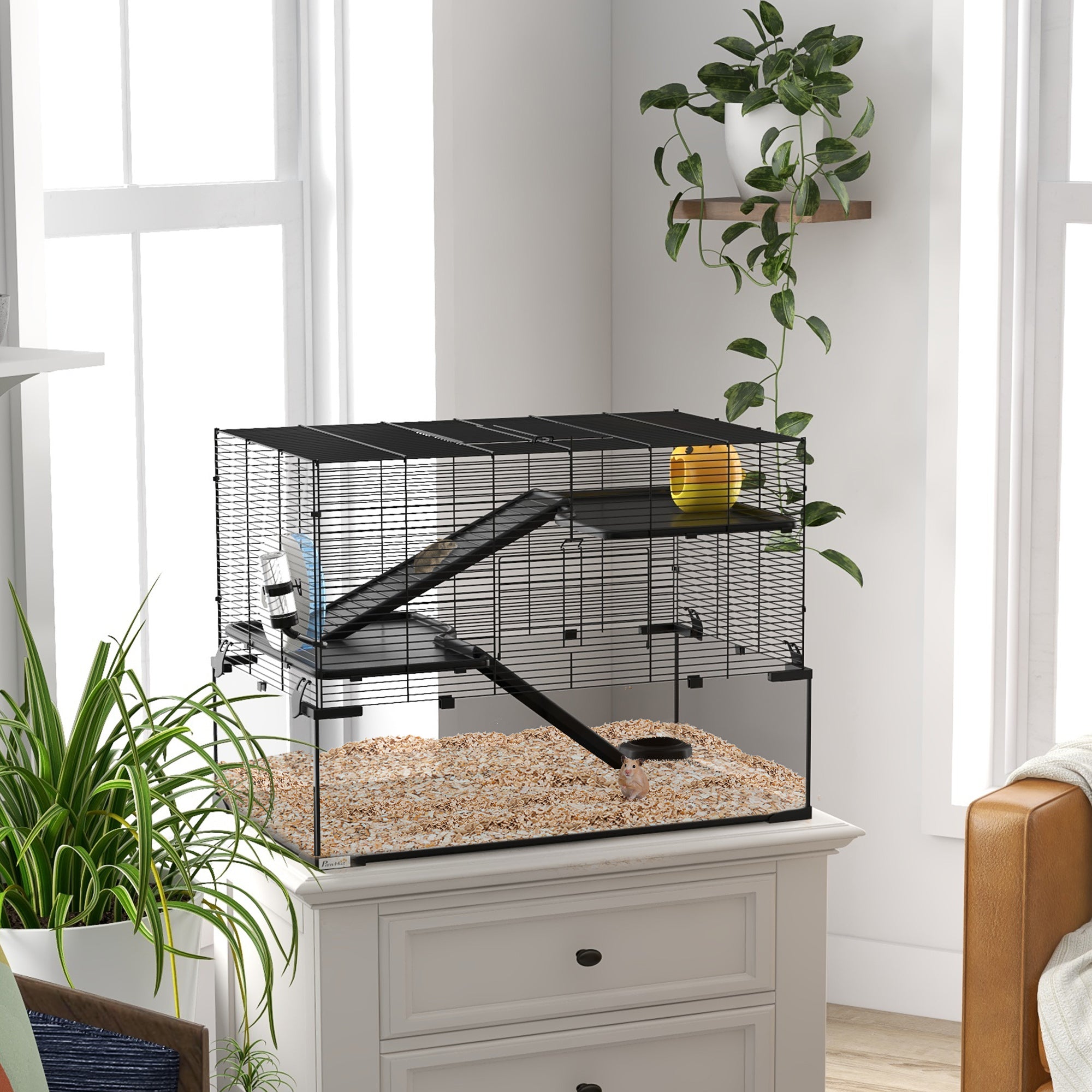 3 Tiers Hamster Cage with Deep Glass Bottom, Ramps, Wheel & Water Bottle for Syrian & Dwarf Hamsters - Black