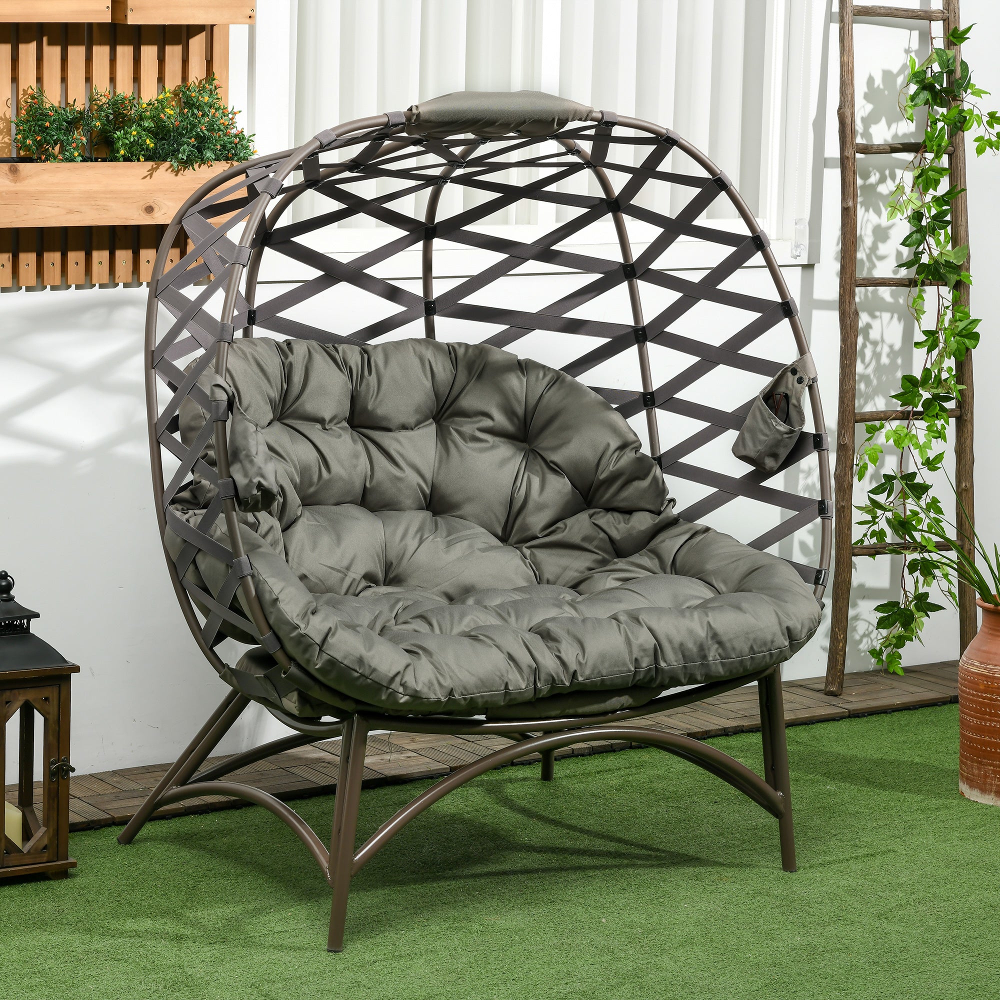2 Seater Outdoor Egg Chair Set with Cushions and Cup Holders - Sand Brown