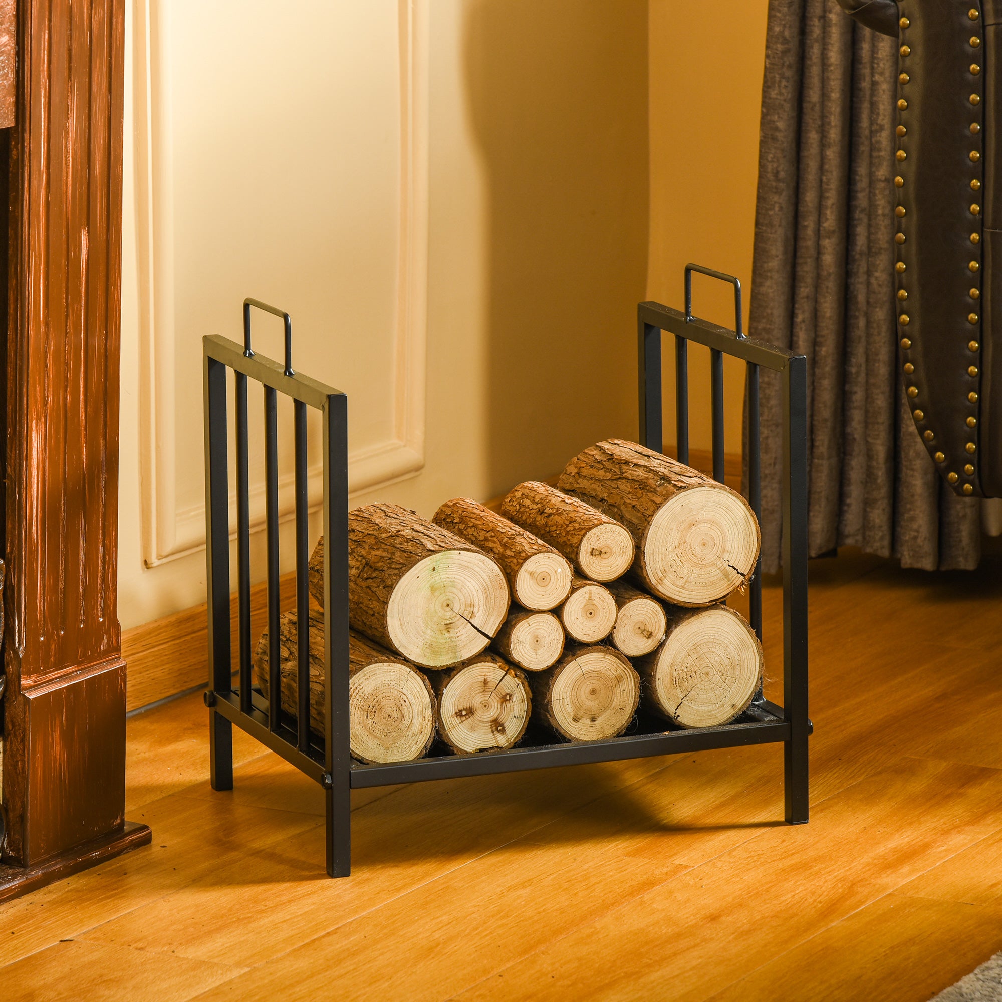 Firewood Log Rack with Handles Elevated Wood Storage Black