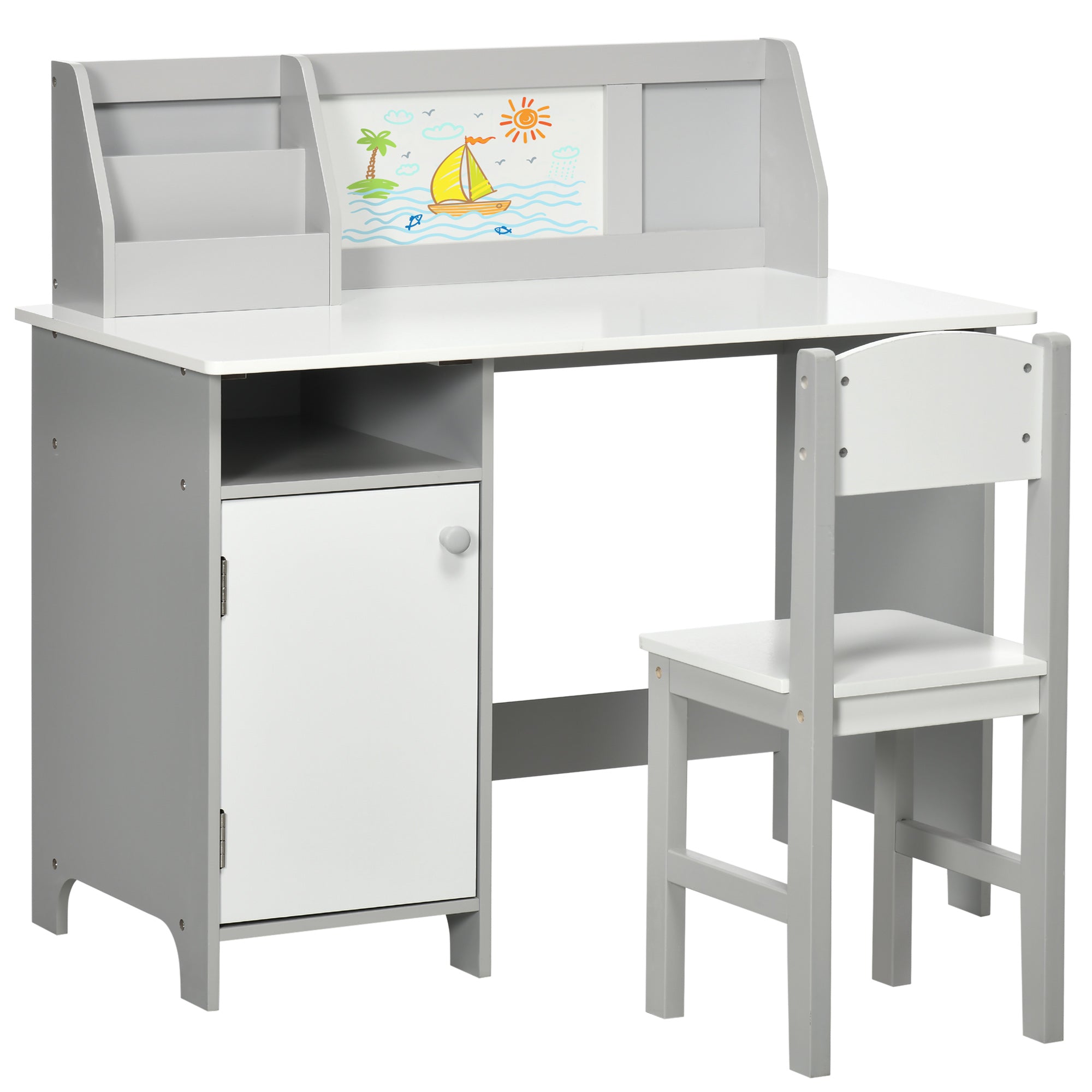 2 Piece Kids Table and Chair Set with Whiteboard and Storage - Grey