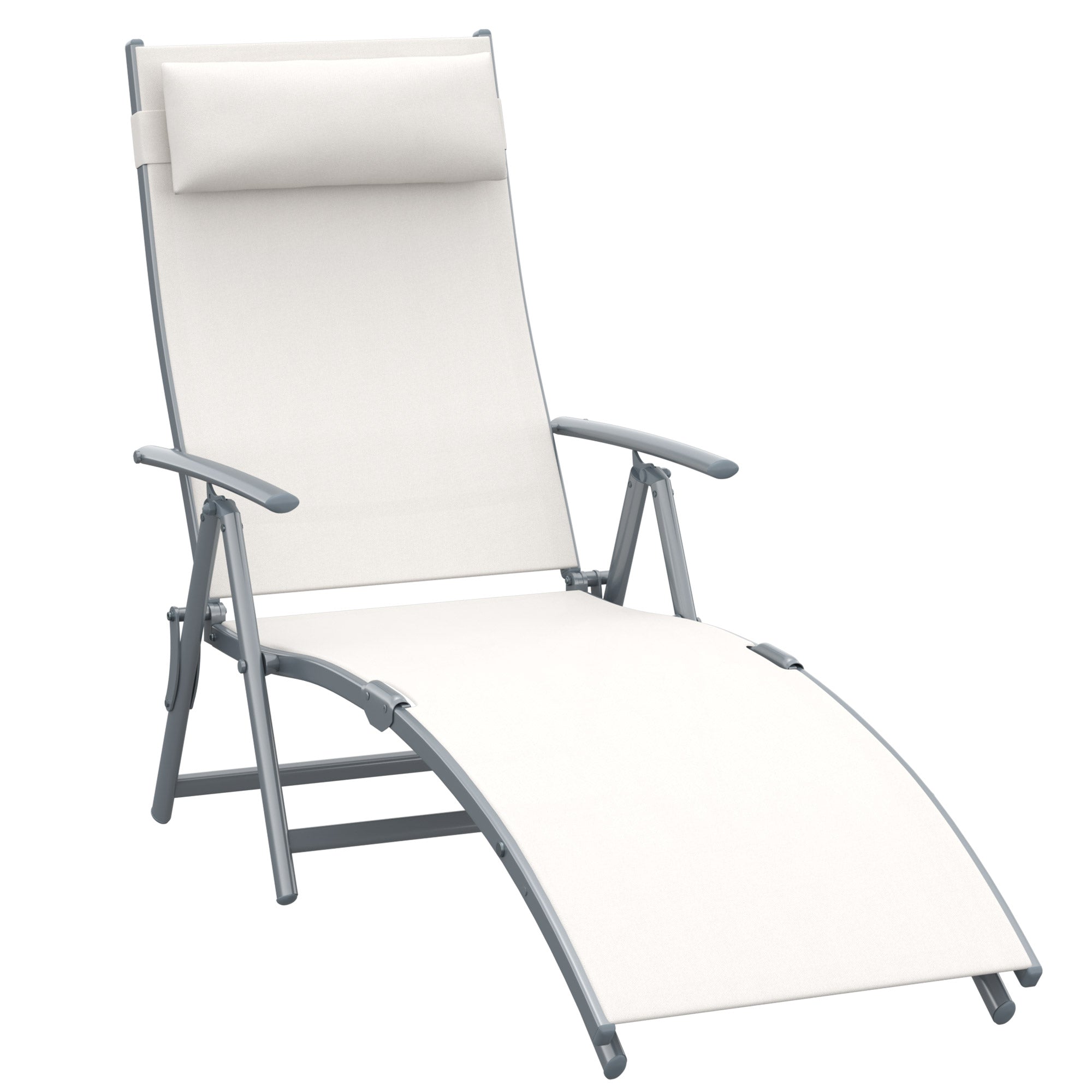 Garden Lounger Steel Frame Outdoor Folding Recliner with Adjustable Backrest Cream White