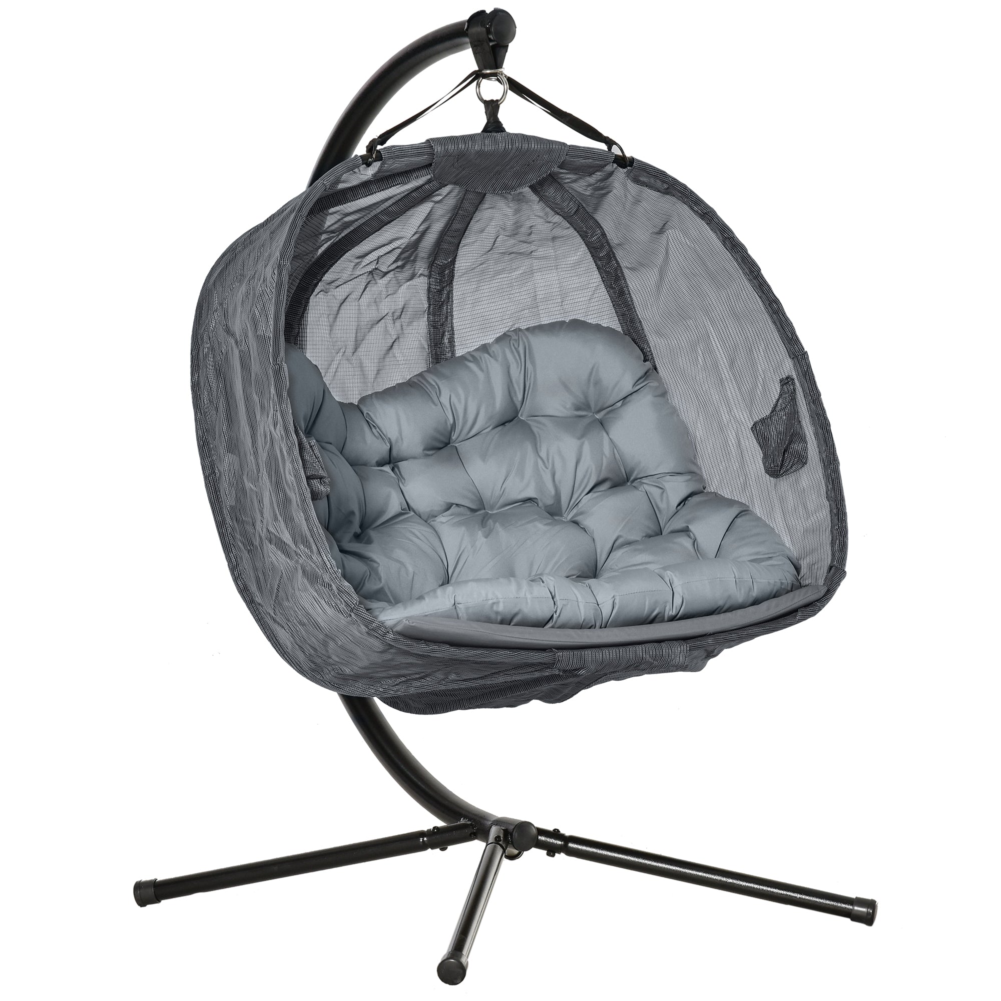 Double Hanging Egg 2-Seater Swing Hammock Chair with Stand, Cushion & Folding Design - Grey