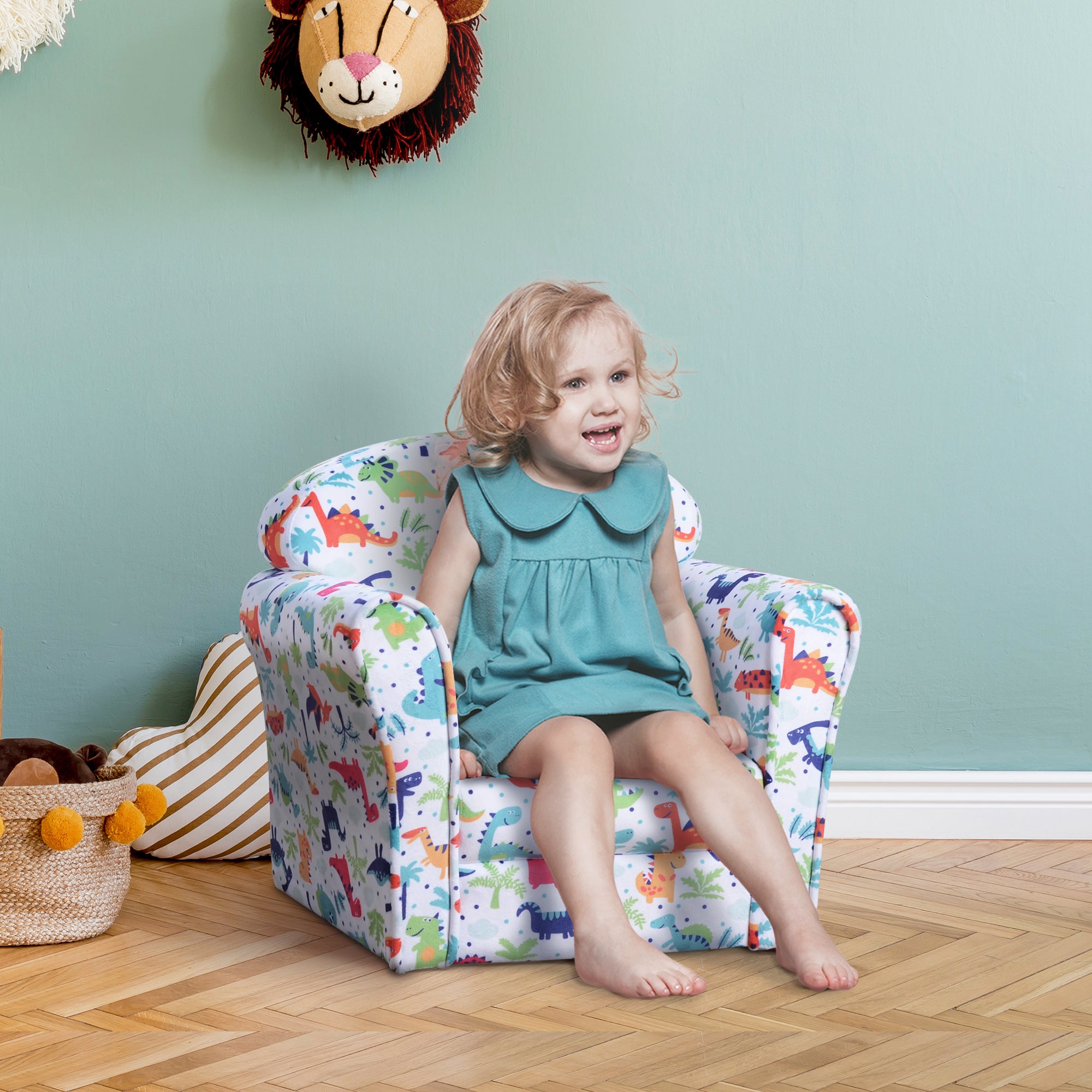 Children Armchair with Dinosaur Pattern - Flannel Fabric Wooden Frame