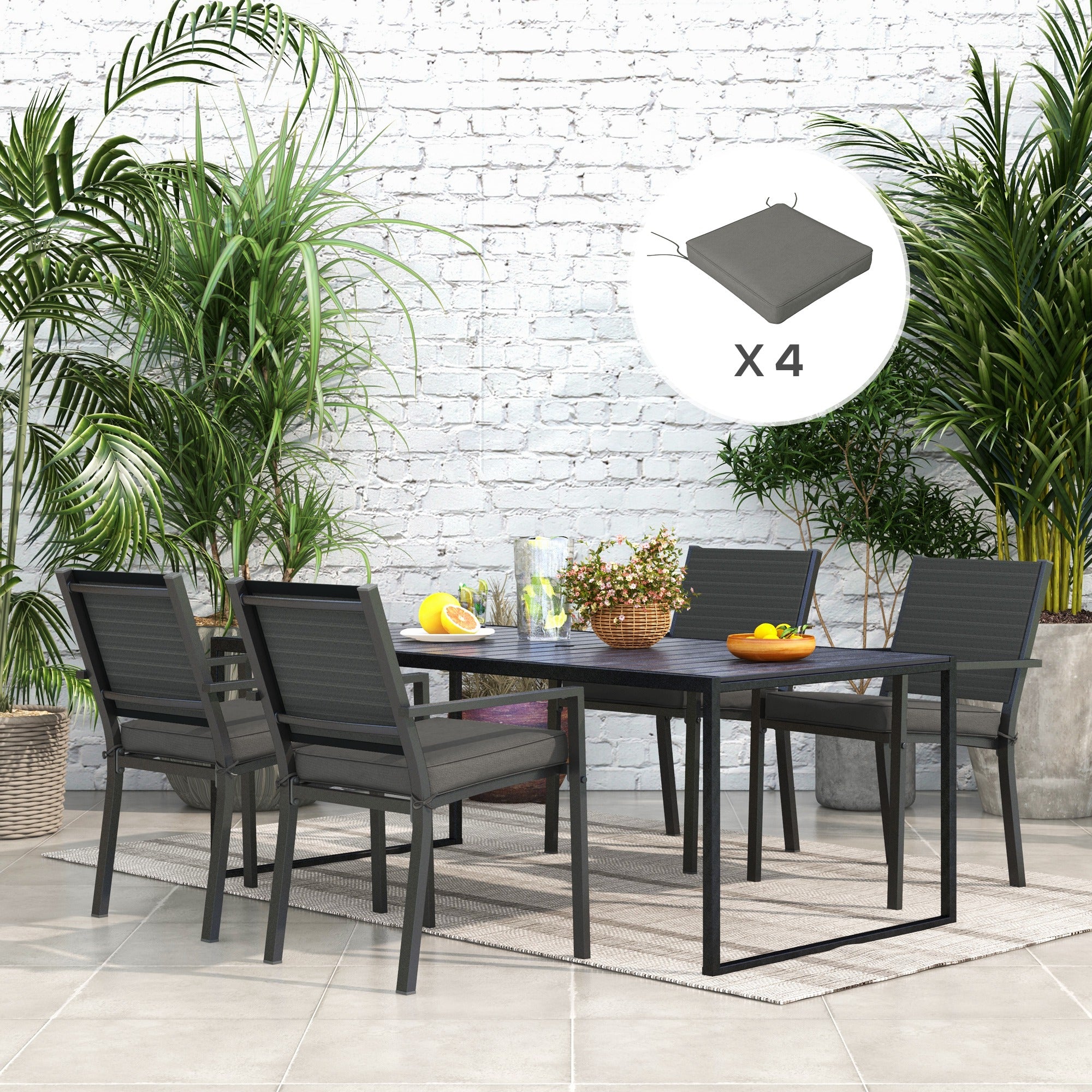 4-Piece Patio Chair Seat Cushion Set with Ties 51x51x8cm - Charcoal Grey