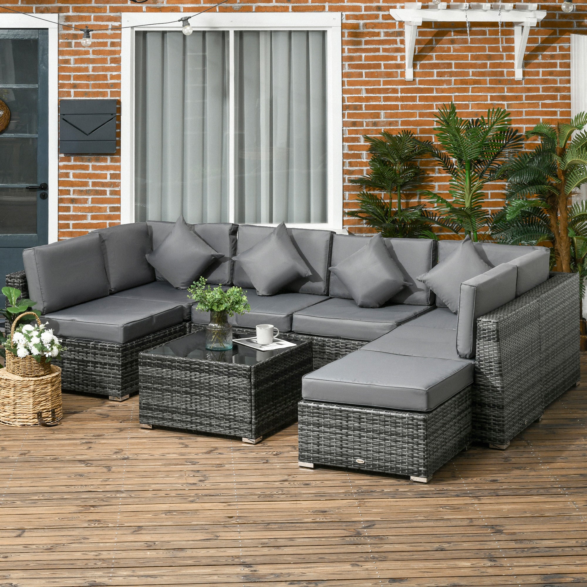 8-Piece PE Rattan Corner Sofa Set with Tempered Glass Table and Washable Cushions - Grey