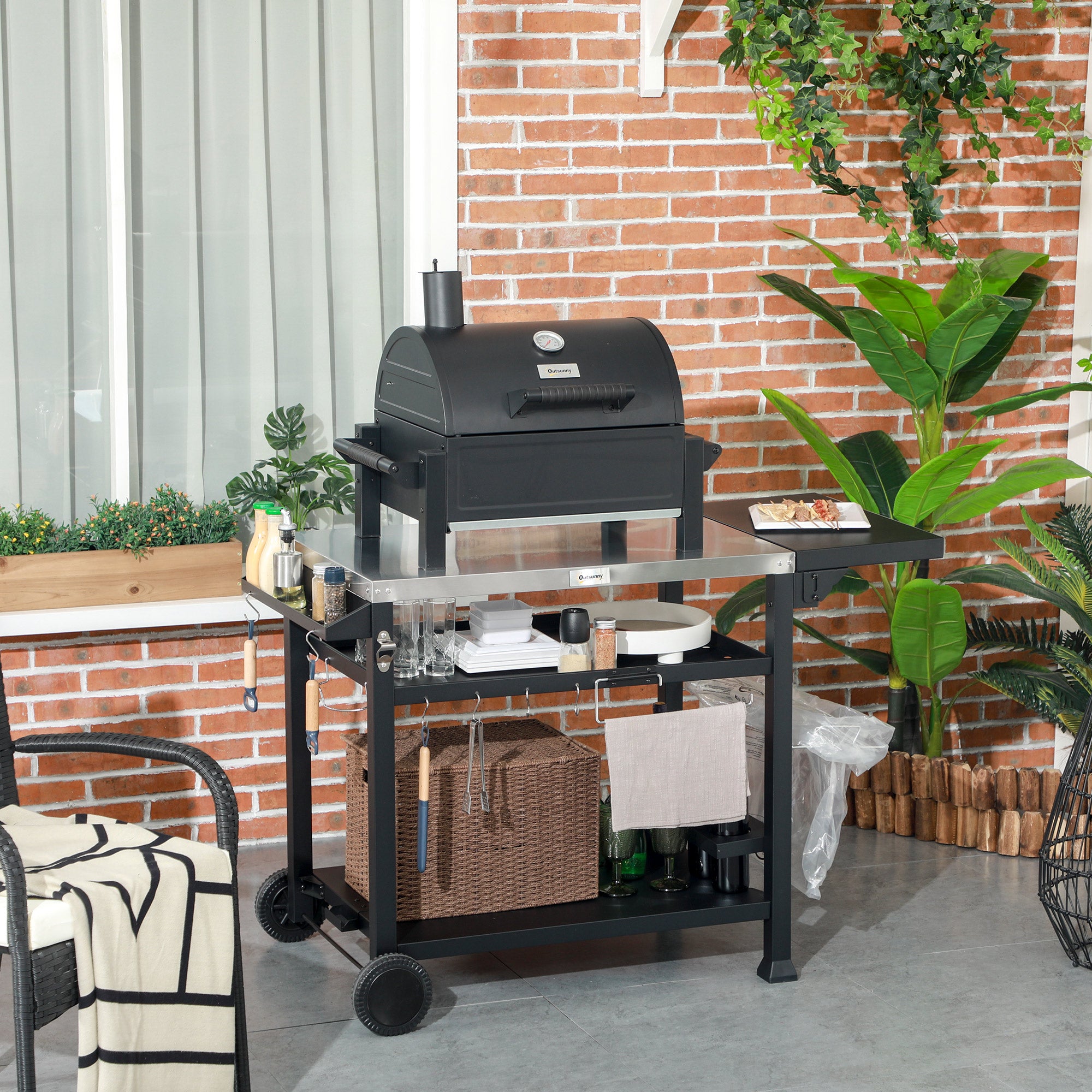 Multi-Feature BBQ Grill Table with Stainless Steel Top - Black