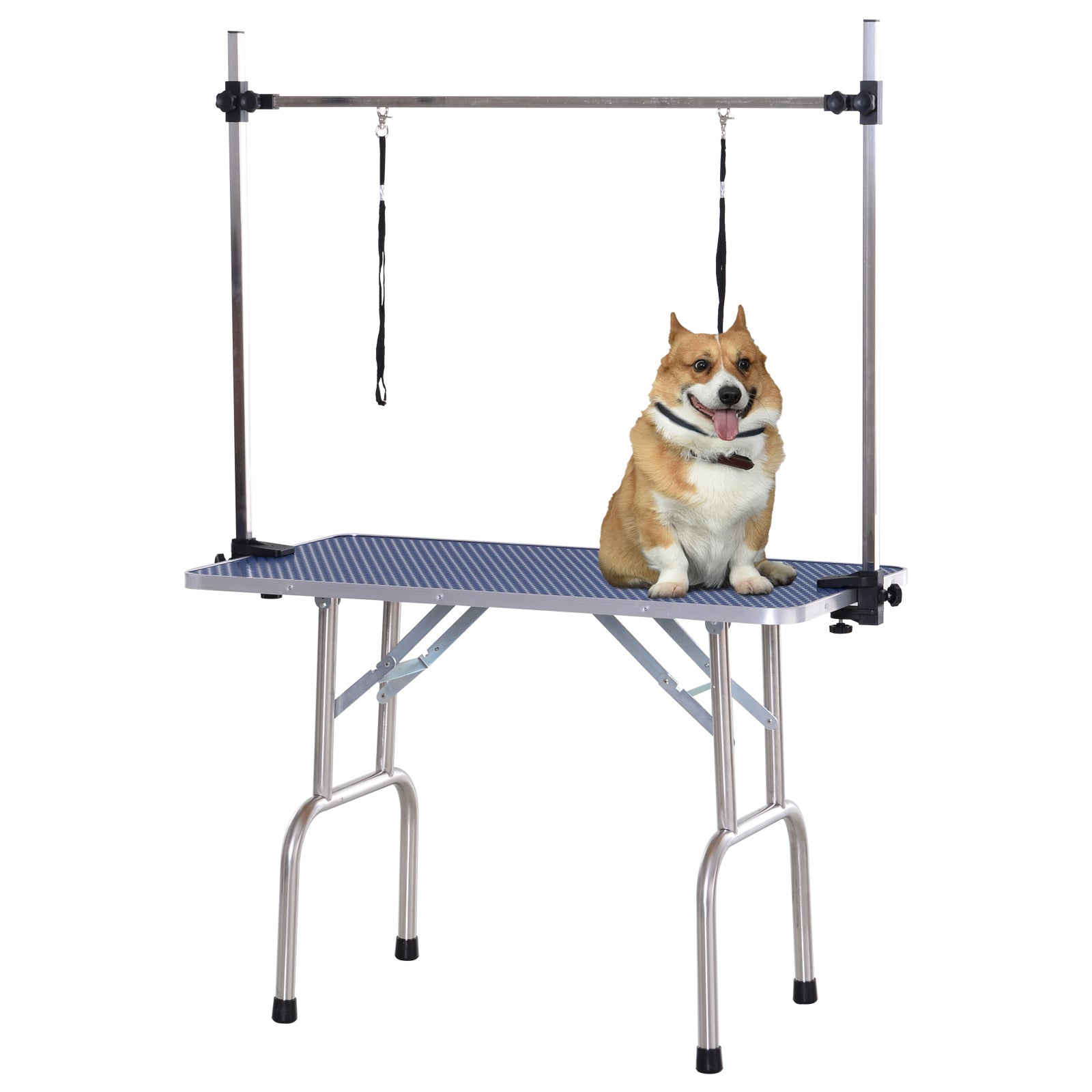 Adjustable Dog Grooming Table with Rubber Top, 2 Safety Slings & Mesh Storage Basket 107x60x170cm - Blue