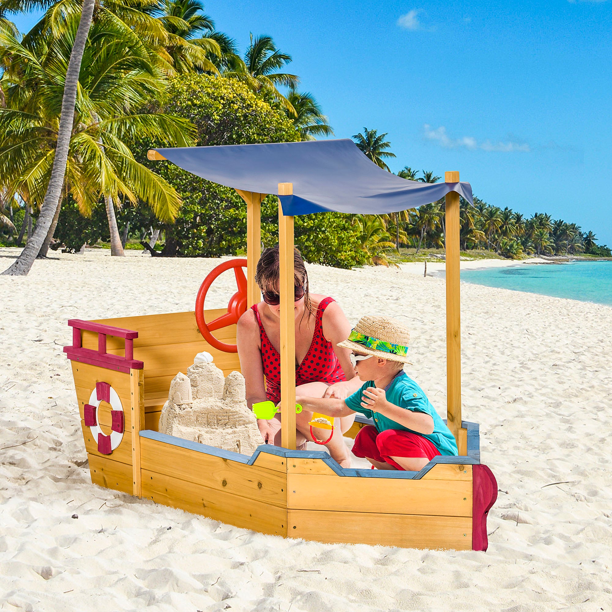 Kids Wooden Sandbox Play Station with Canopy Shade and Storage - Orange