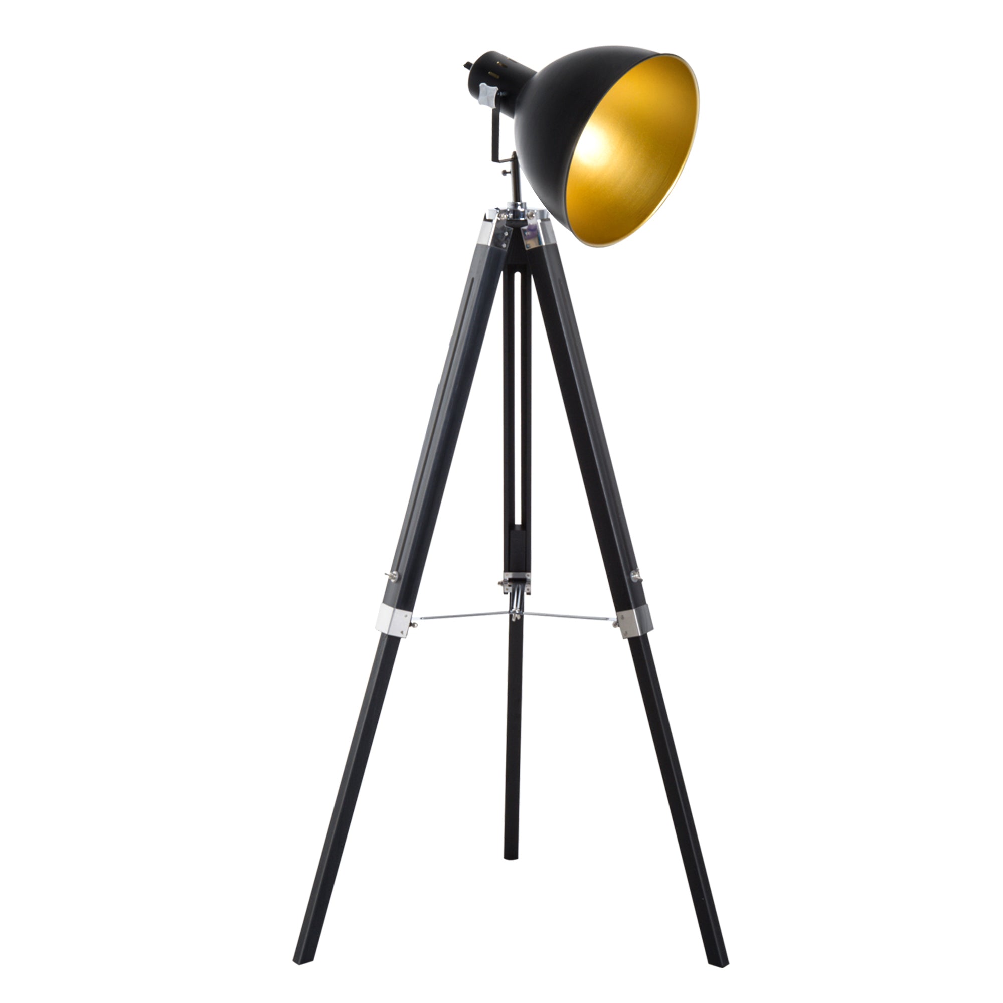 Studio Floor Lamp,Tripod Spotlight Lamp with Wood Legs, Ø 30 cm Lampshade and Max. 40W, 152cm Floor Lamp, Metal, Black and Gold