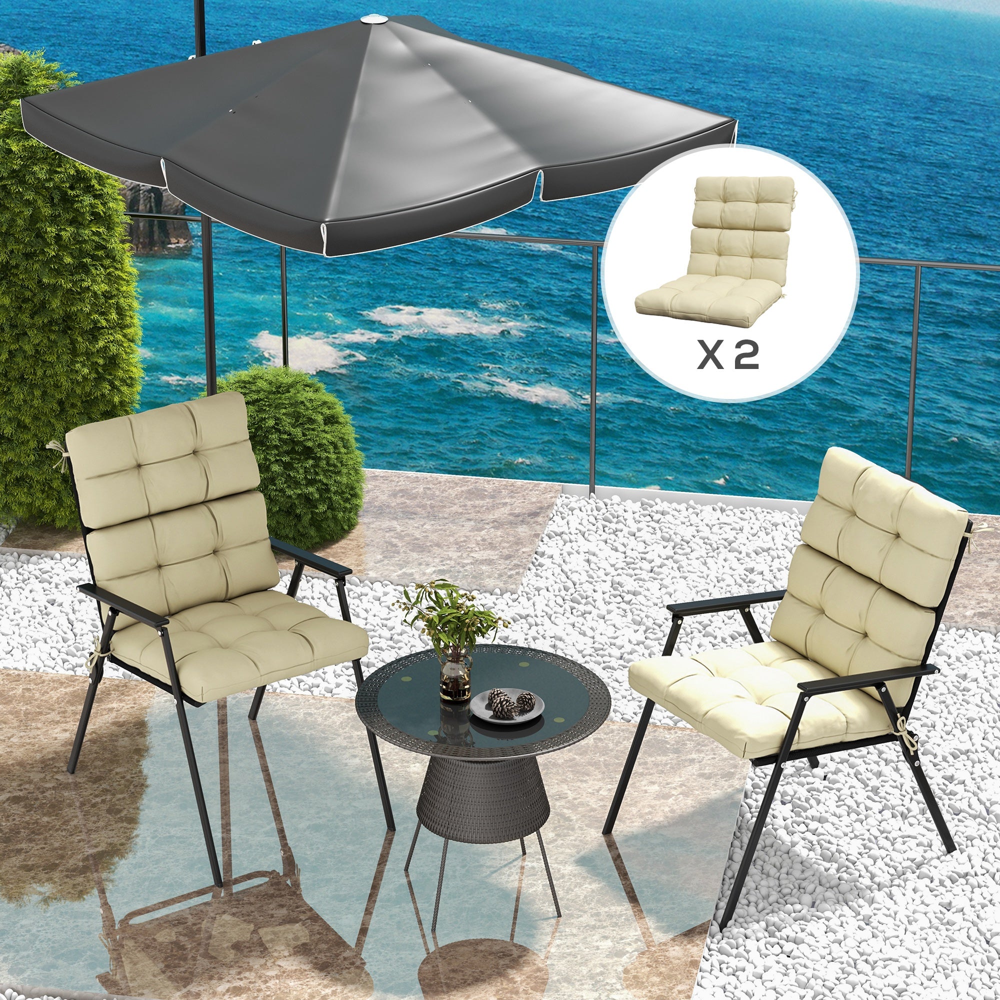 2-Piece Garden Patio Chair Seat and Backrest Cushion Set with Ties - Beige