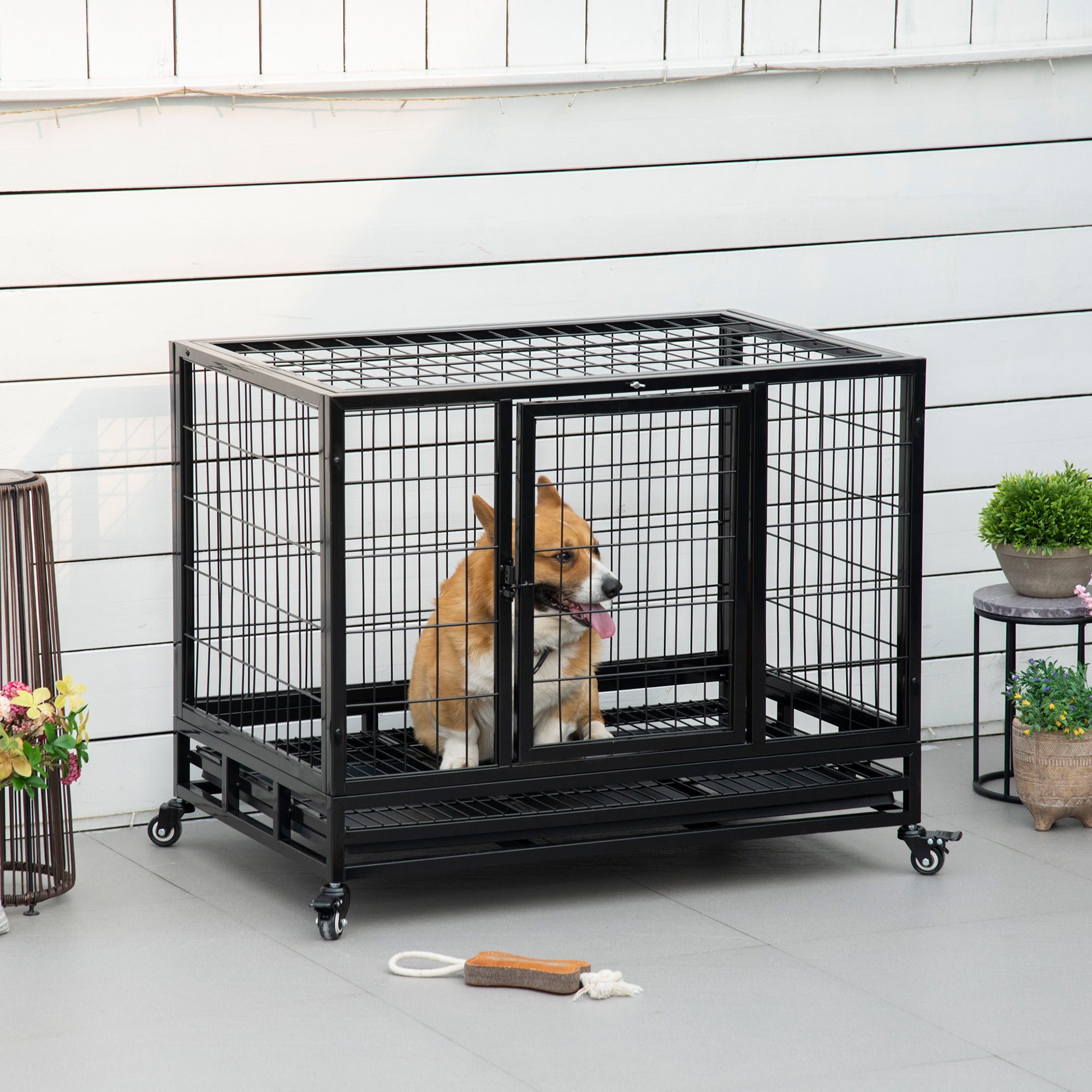 38" Heavy Duty Metal Dog Kennel with Crate Tray and Wheels Medium - Black