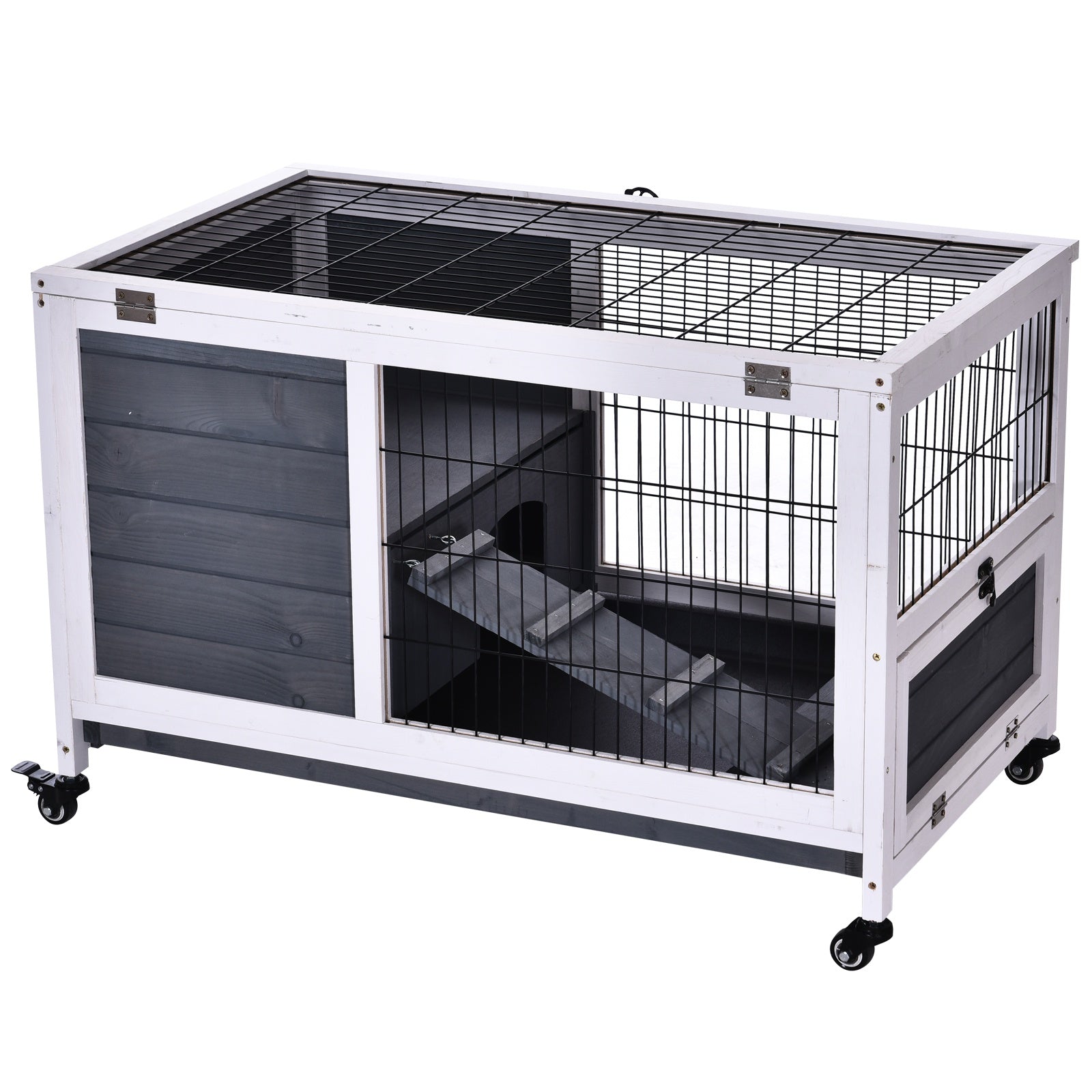 Rabbits Indoor Fir Wood Lift-Top Hutch with Wheels - Grey