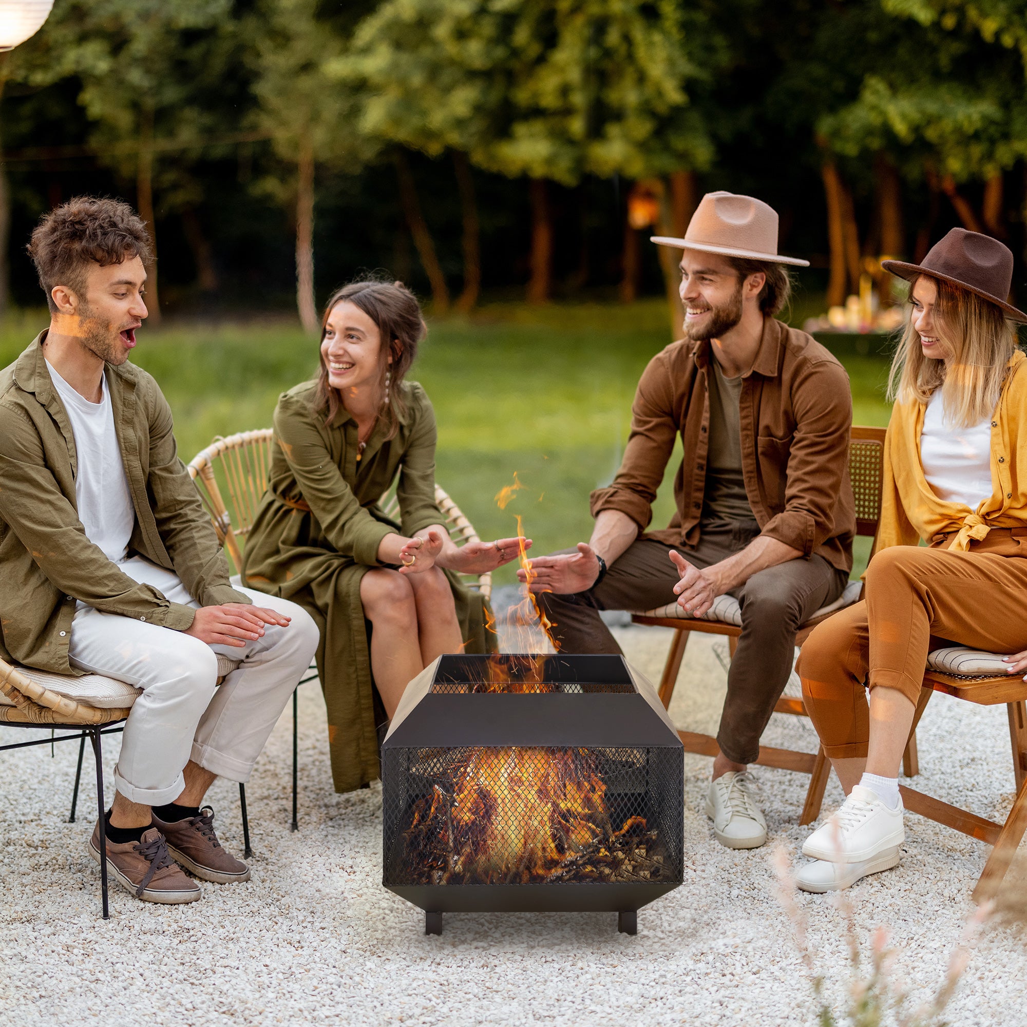 Square Metal Fire Pit Set with Lid and Poker 44x44x40 cm - Black Steel