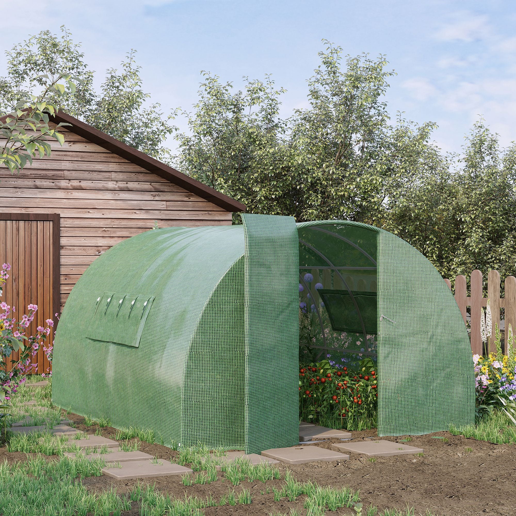 4 x 3 x 2 Metre Walk-In Polytunnel Greenhouse Set with Steel Frame and Mesh Windows - Green