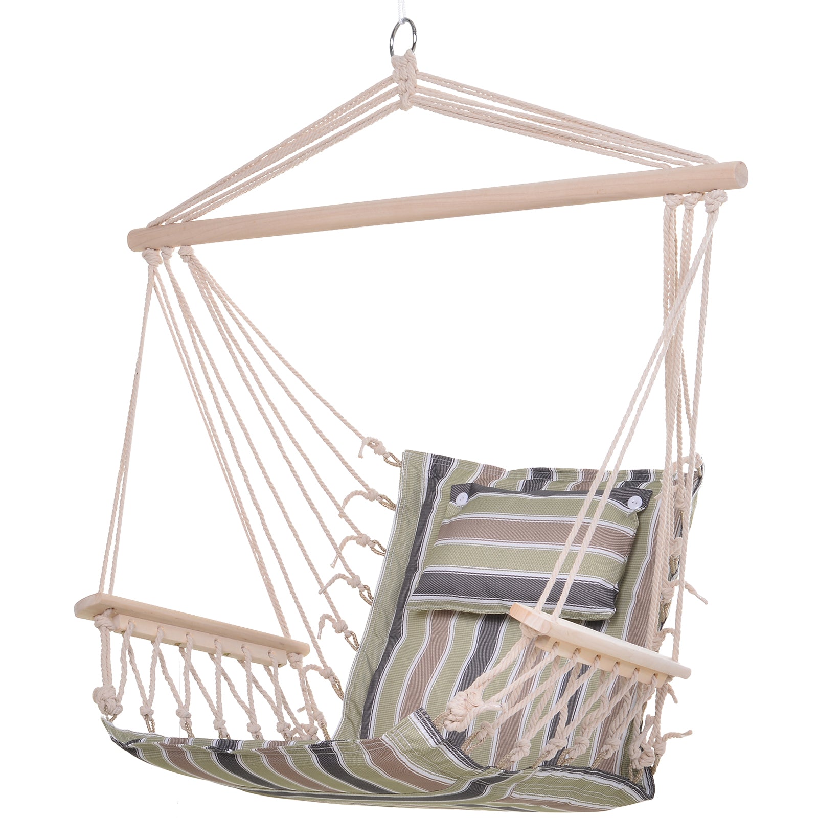 Garden Outdoor Hanging Hammock Chair with Thick Rope Frame and Wooden Arms Wide Seat - Multicoloured Stripes