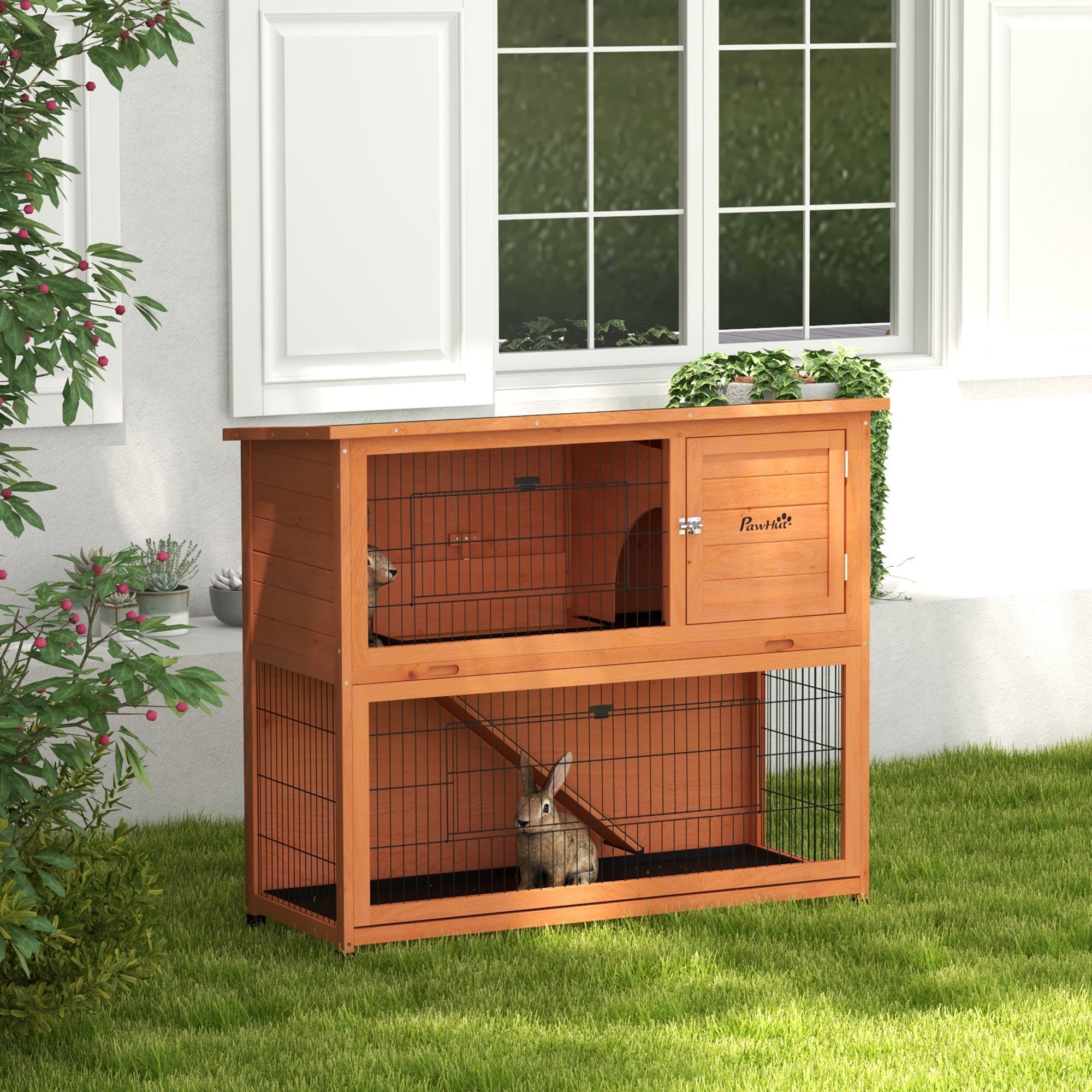 2 Tier Antiseptic Wood Rabbit Hutch with Run Outdoor - Orange