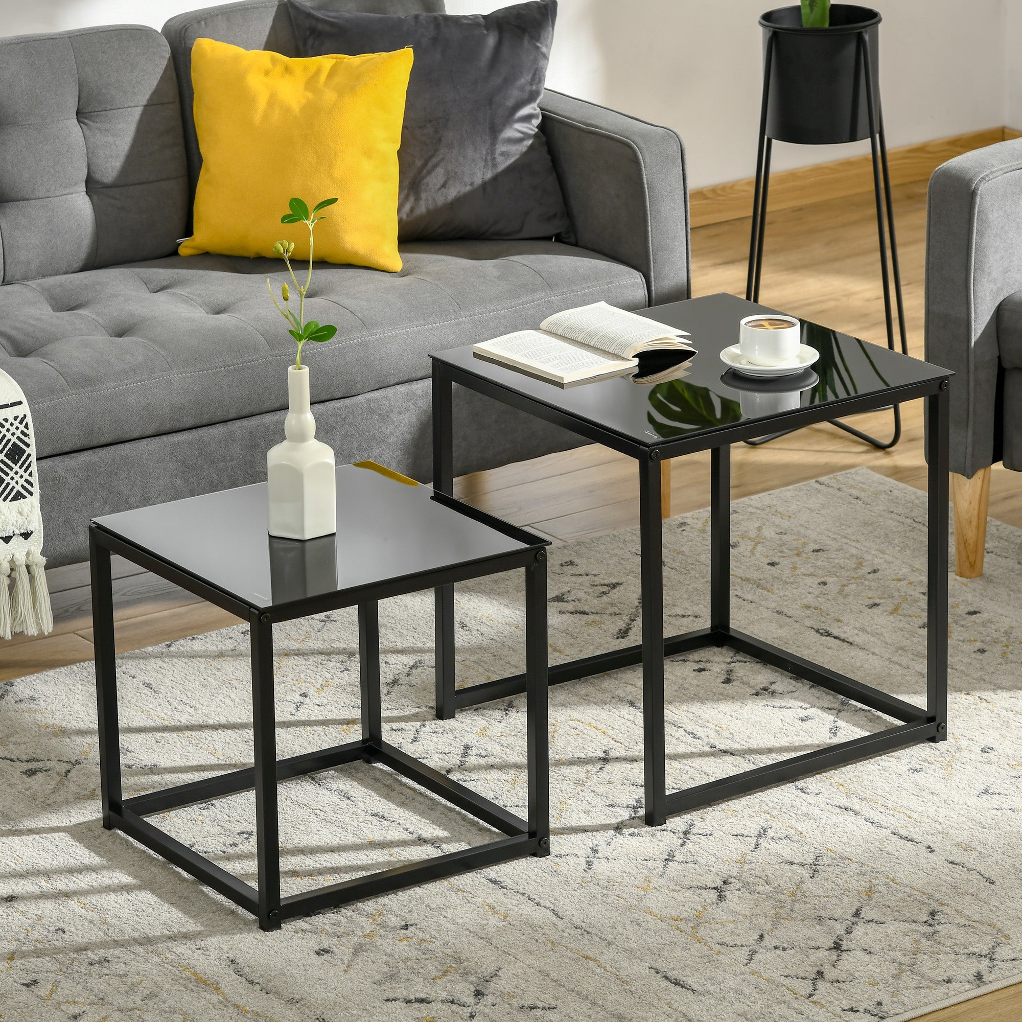 Set of 2 Modern Nesting Side Tables with Tempered Glass Top - Black