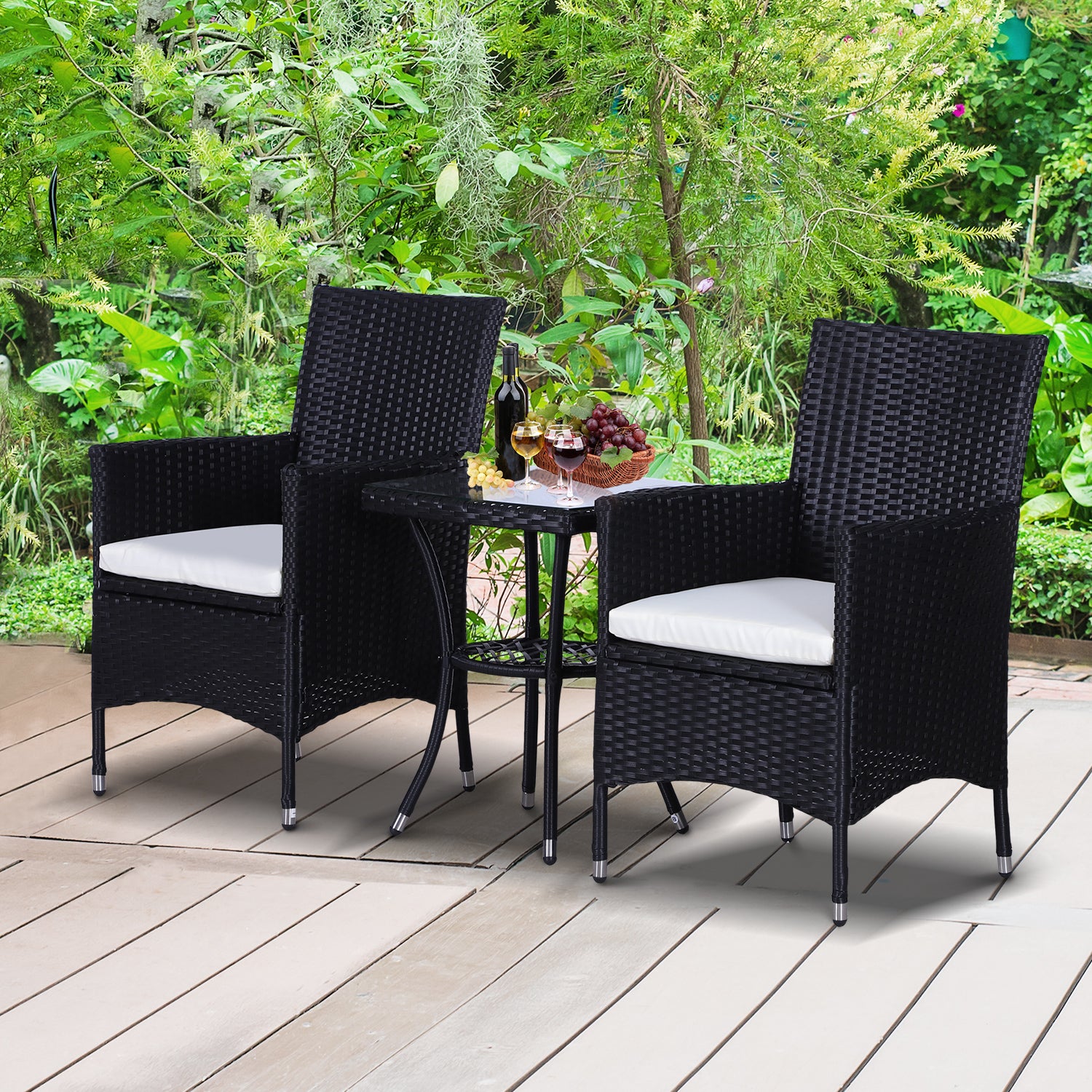 3 Piece Outdoor Rattan Bistro Set Durable Comfortable Seating Black