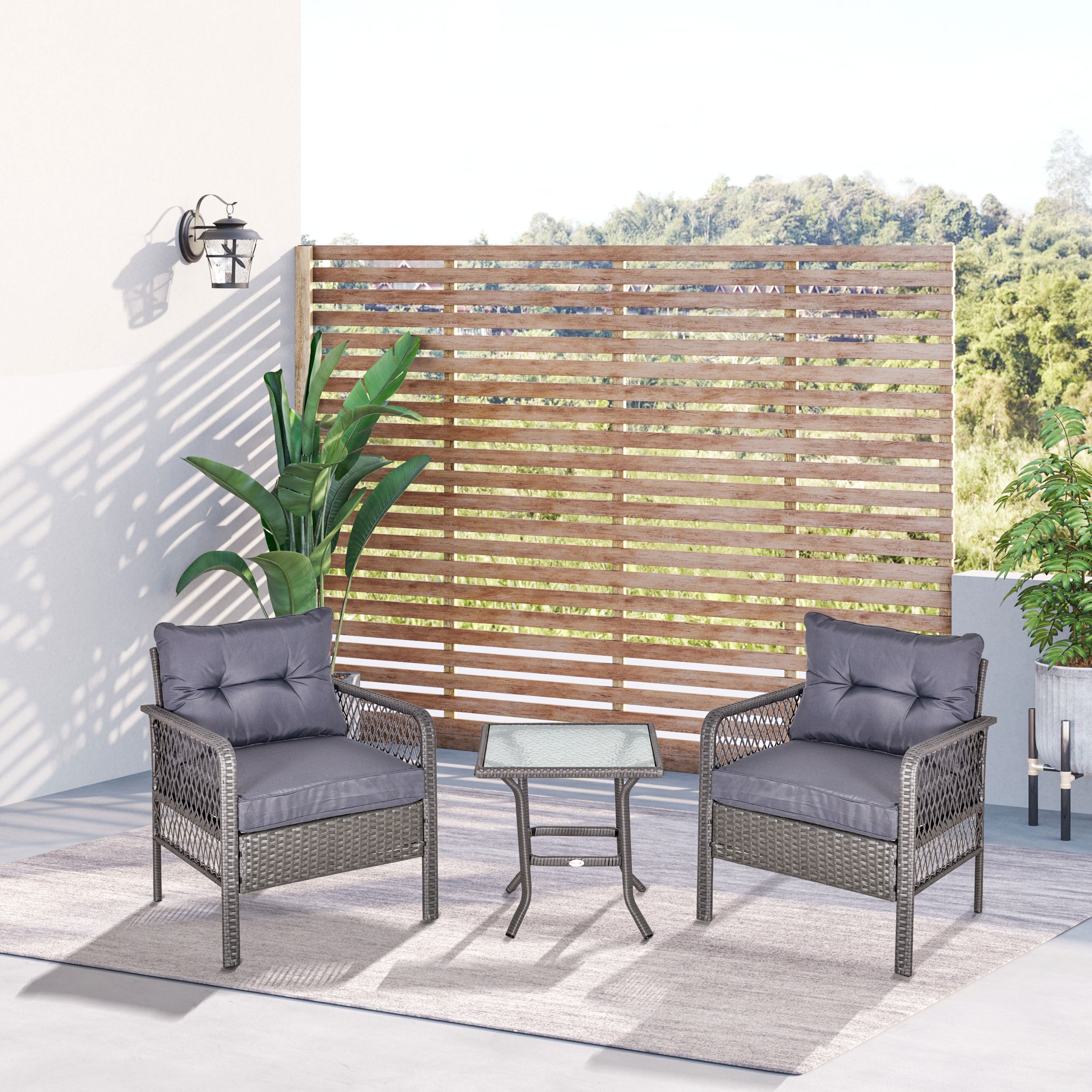 2 Seater Patio PE Rattan Bistro Set with Cushions and Tempered Glass Table - Grey