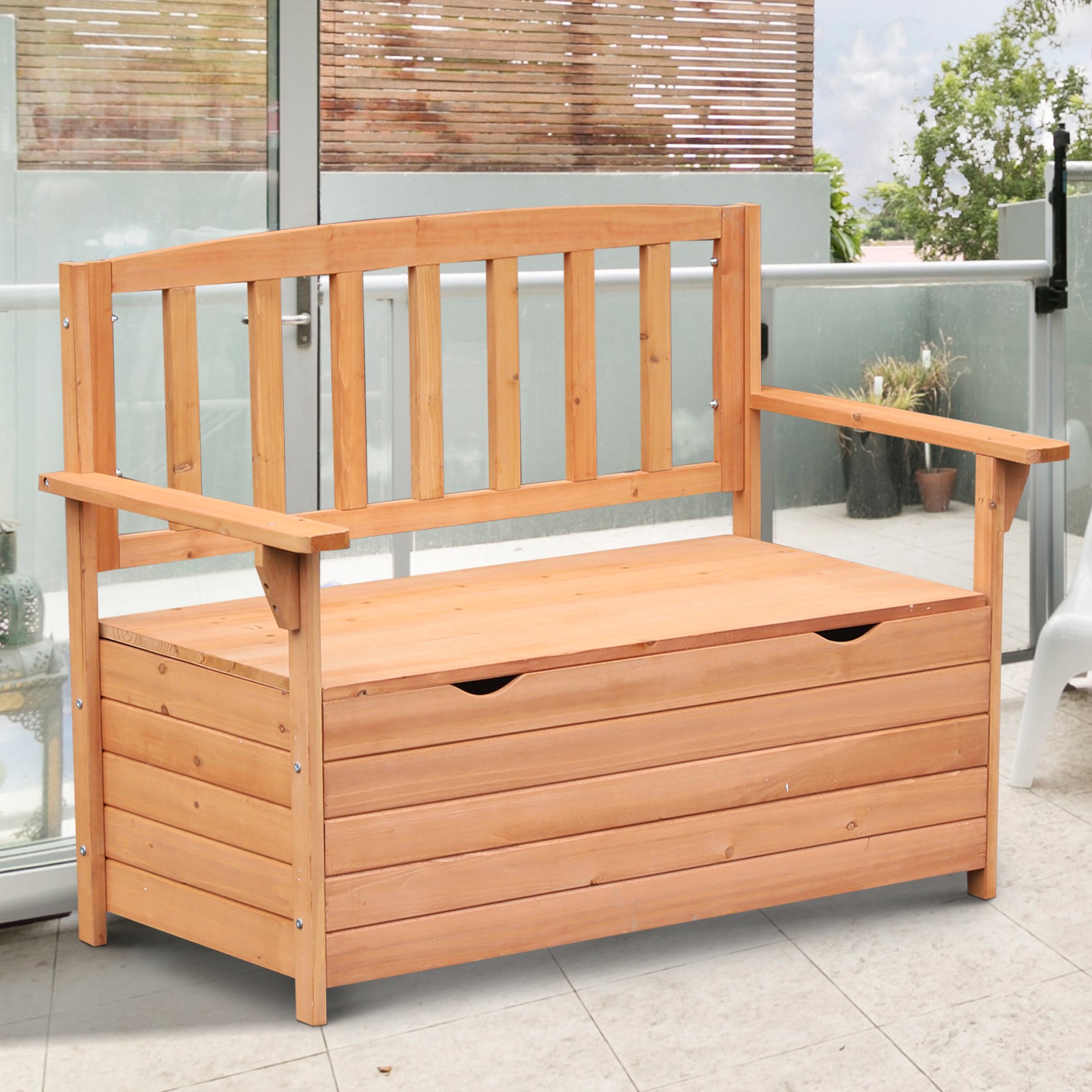 Outdoor Garden Storage Bench with Hidden Compartment Solid Fir Wood Seating - Natural Wood