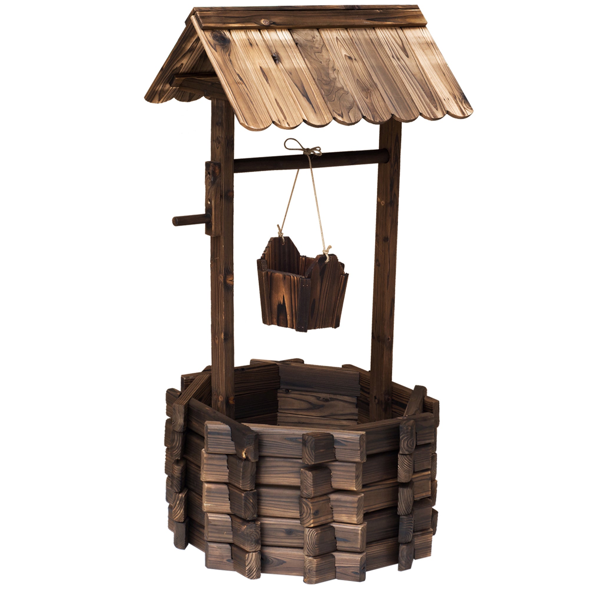 Wooden Wishing Well Planter with Bucket for Outdoor Garden Decor - Brown