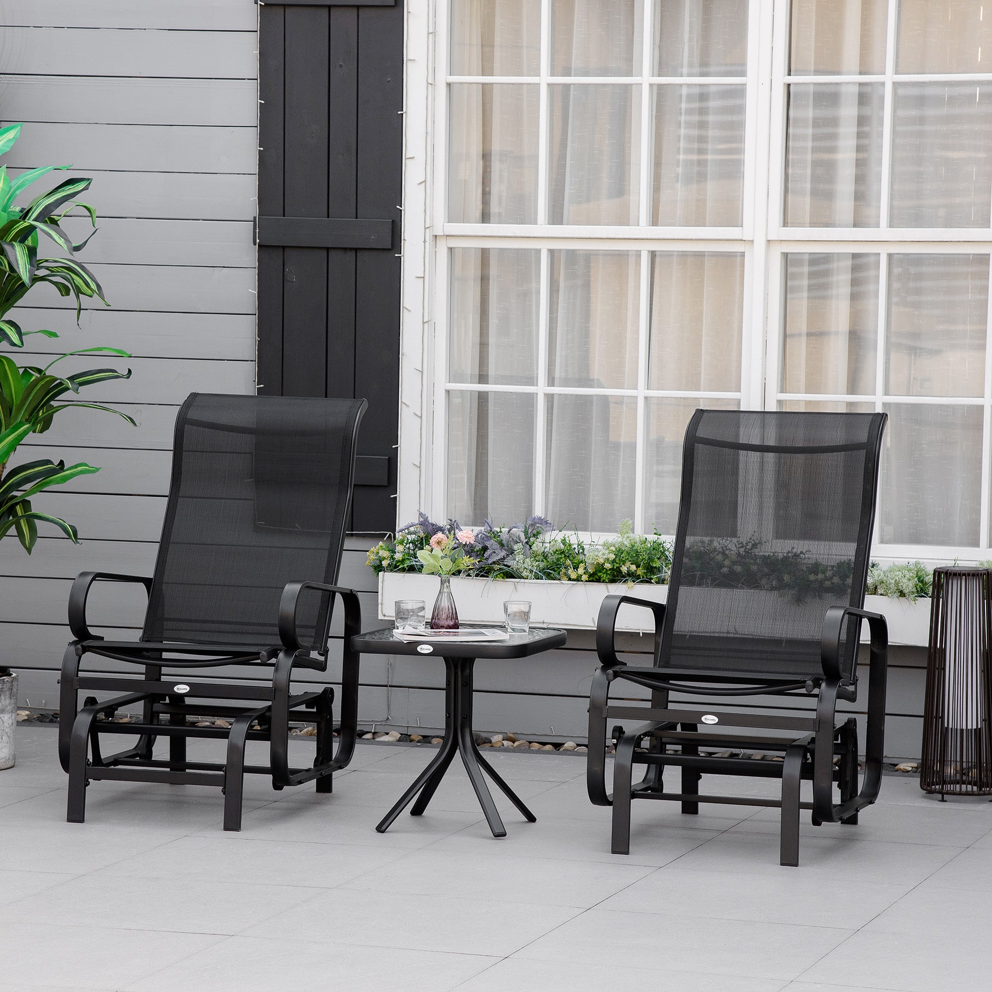3 Piece Outdoor Gliding Rocking Chair Set With Tea Table Black