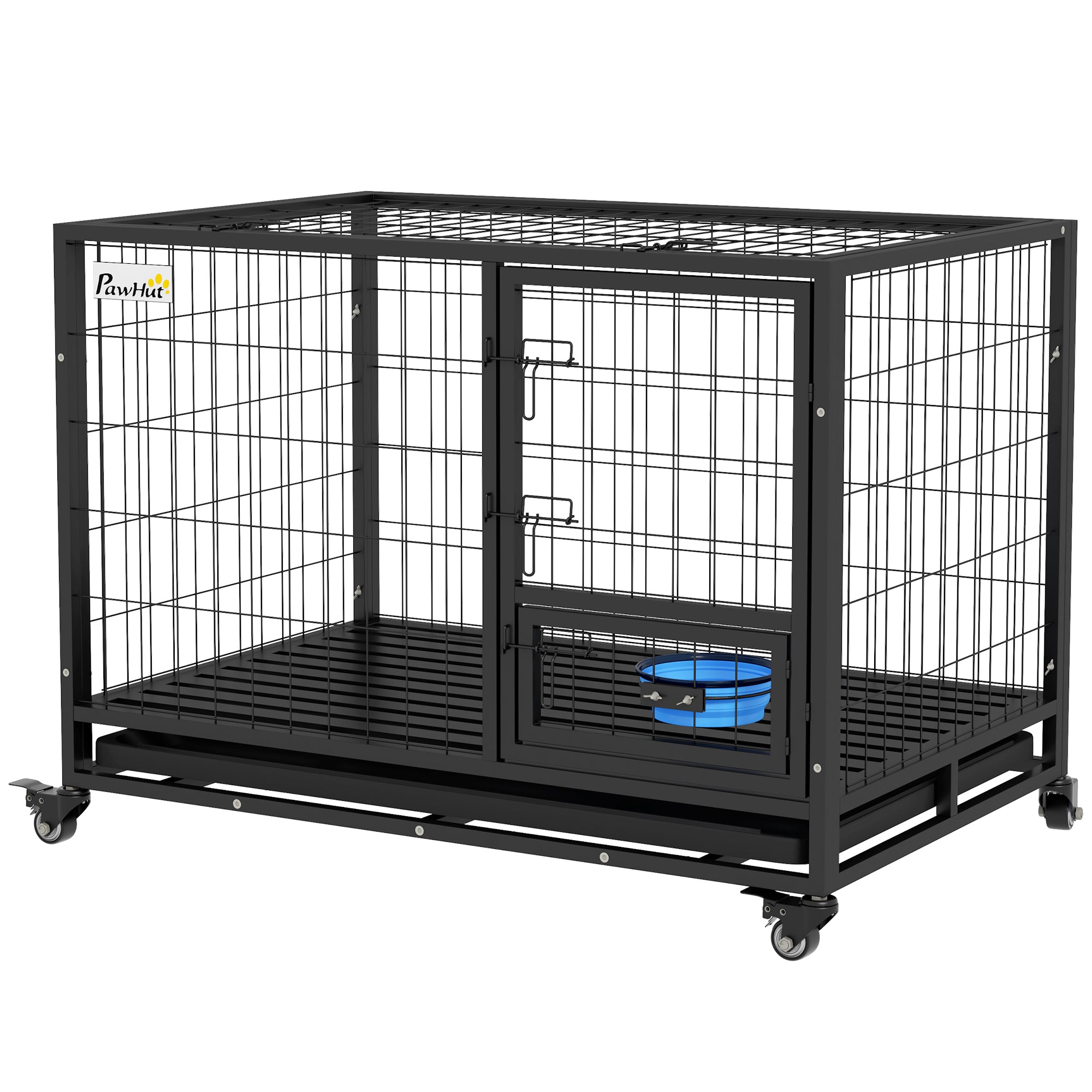 43" Heavy Duty Dog Crate on Wheels w/ Bowl Holder, Removable Tray, Detachable Top, Double Doors for L, XL Dogs