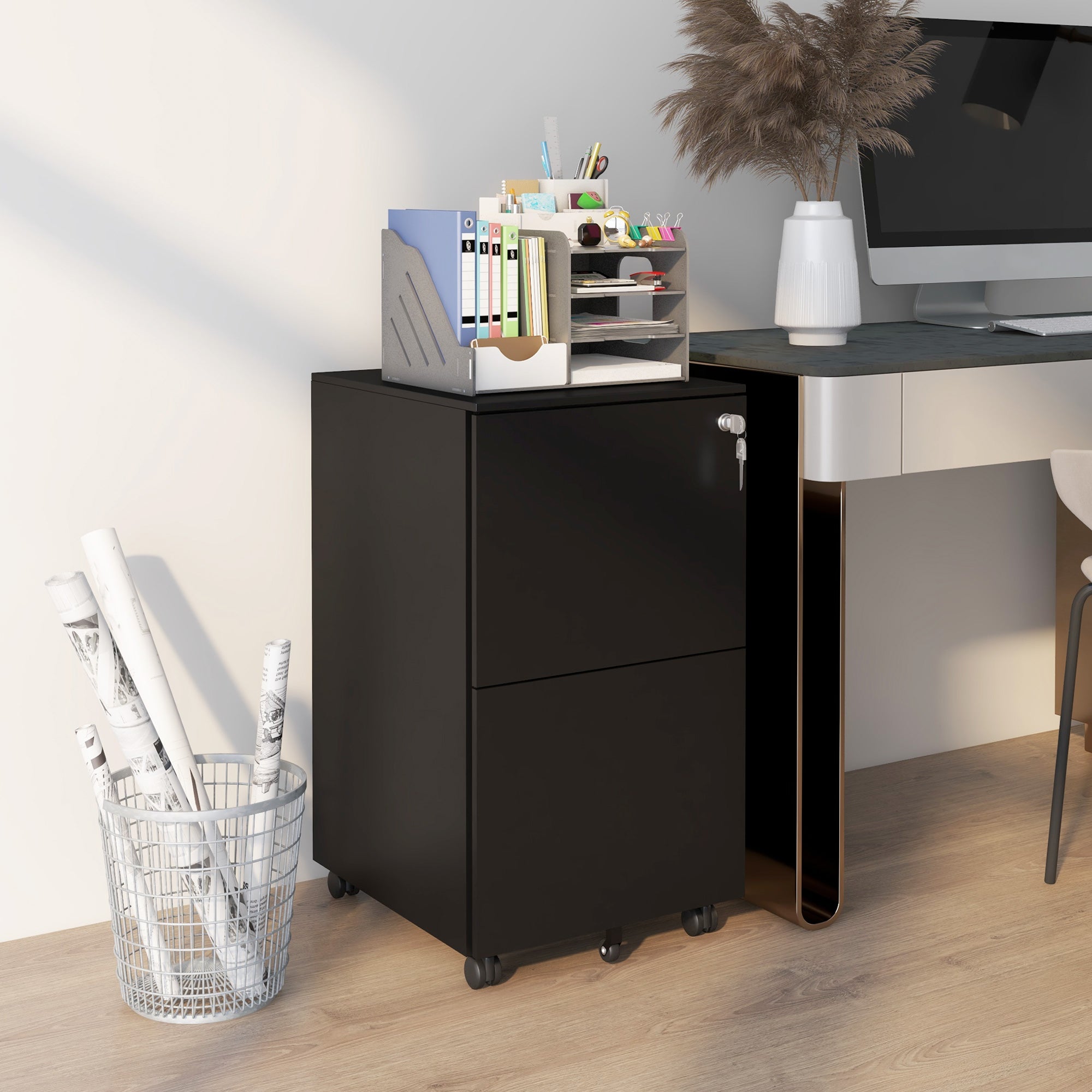 2 Drawer Steel Mobile Filing Cabinet with Lock - Black
