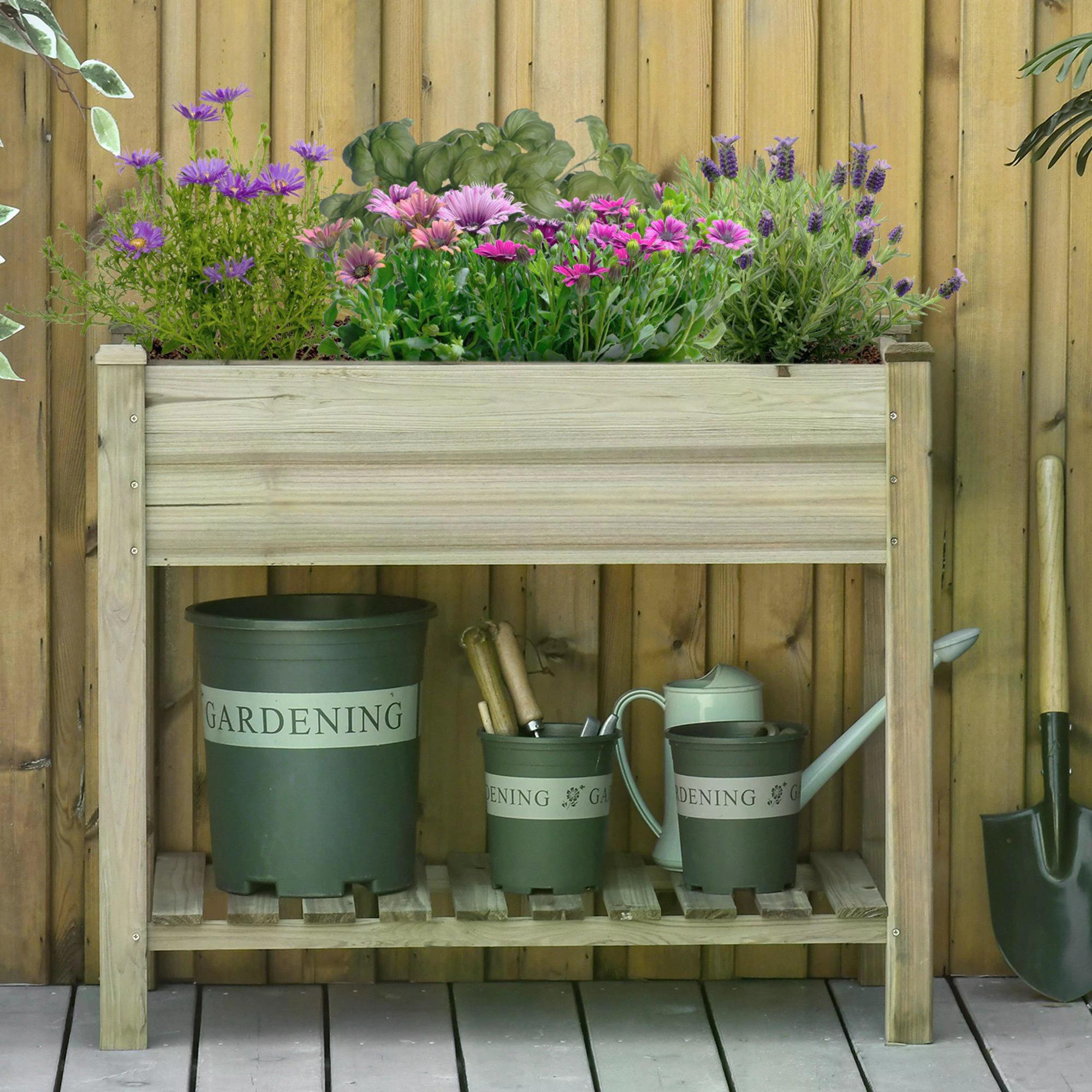 2 Tier Wooden Raised Garden Bed with Storage Shelf - Natural Wood