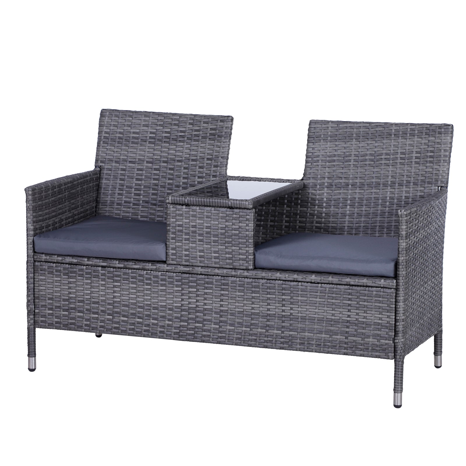 2 Seater Rattan Companion Bench with Cushions - Grey Outdoor