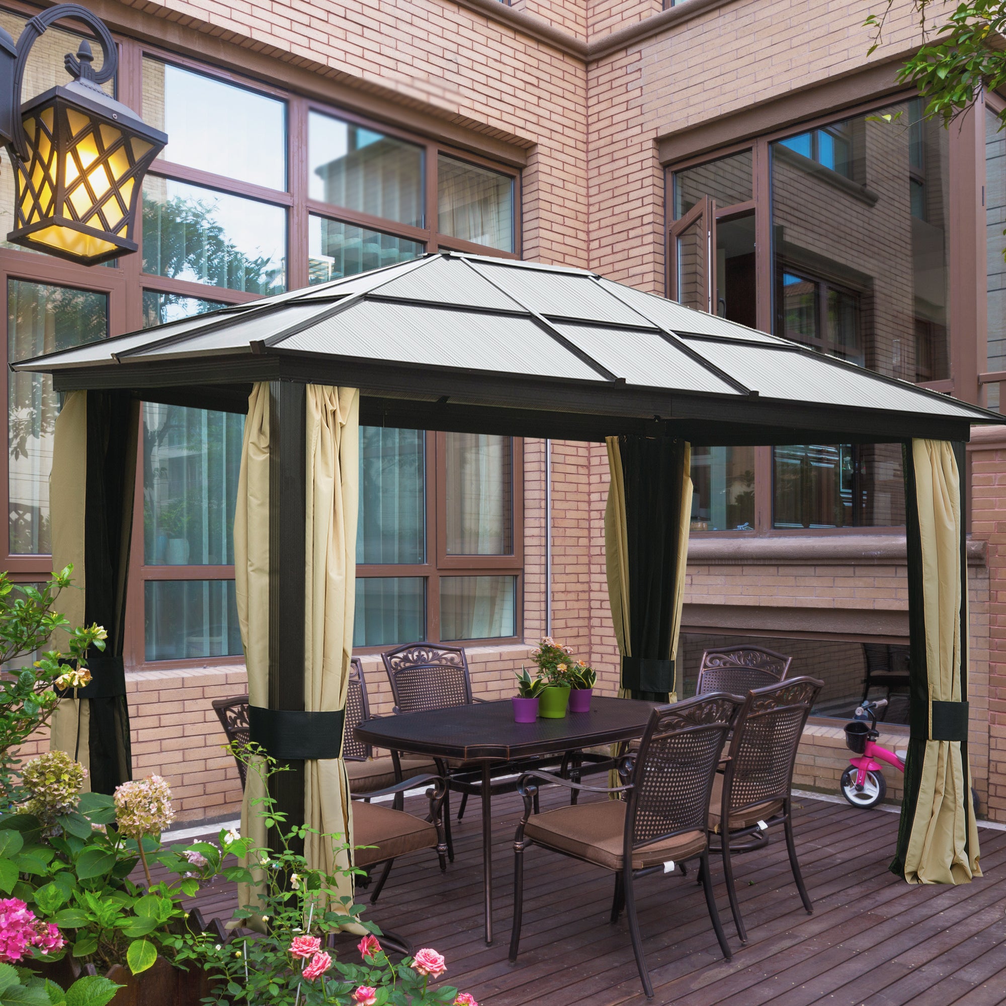 3.6 x 3 Metre Hardtop Gazebo Canopy with Polycarbonate Roof and Mosquito Netting - Brown