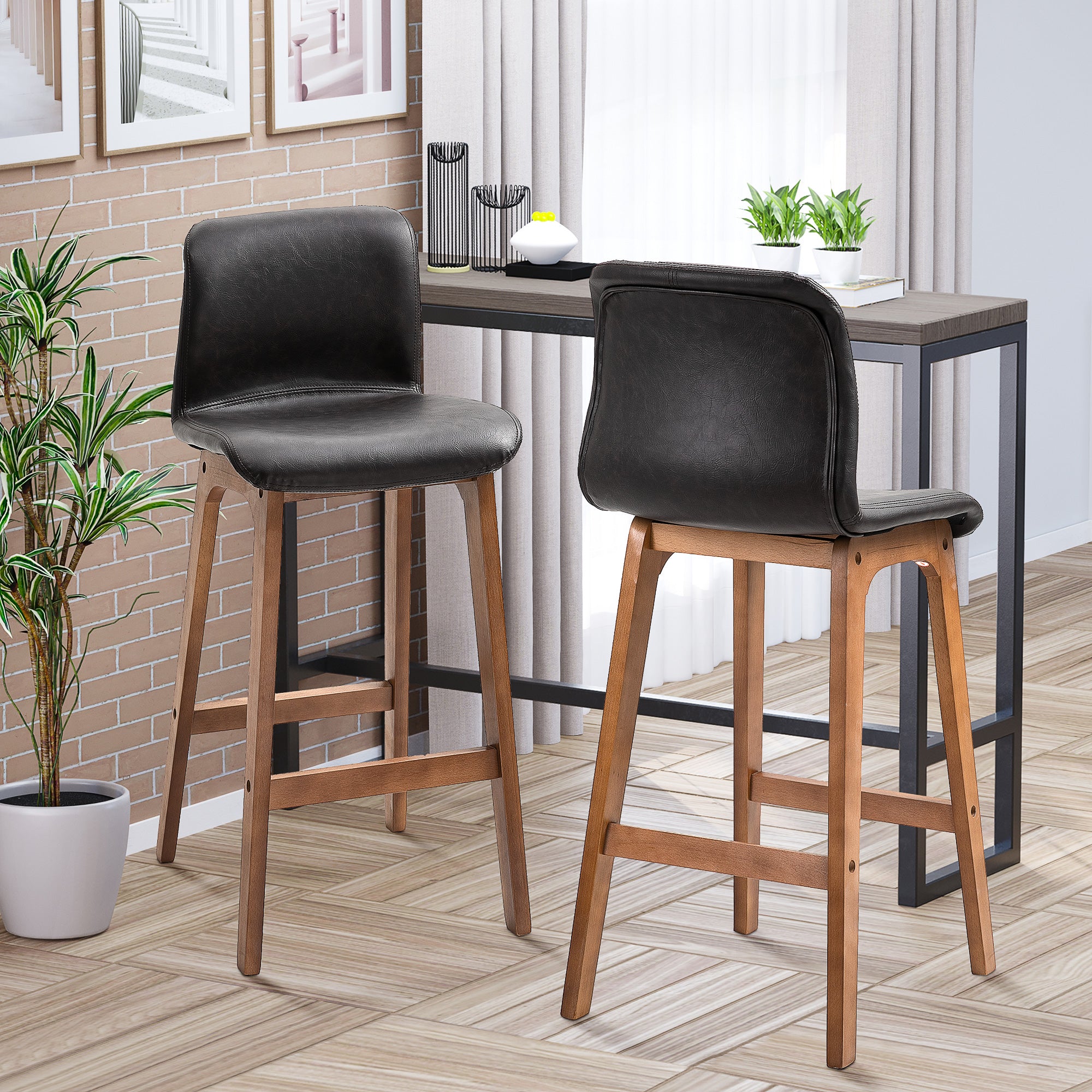 Modern PU Leather Bar Stools Set of 2 with Comfortable Footrest - Brown
