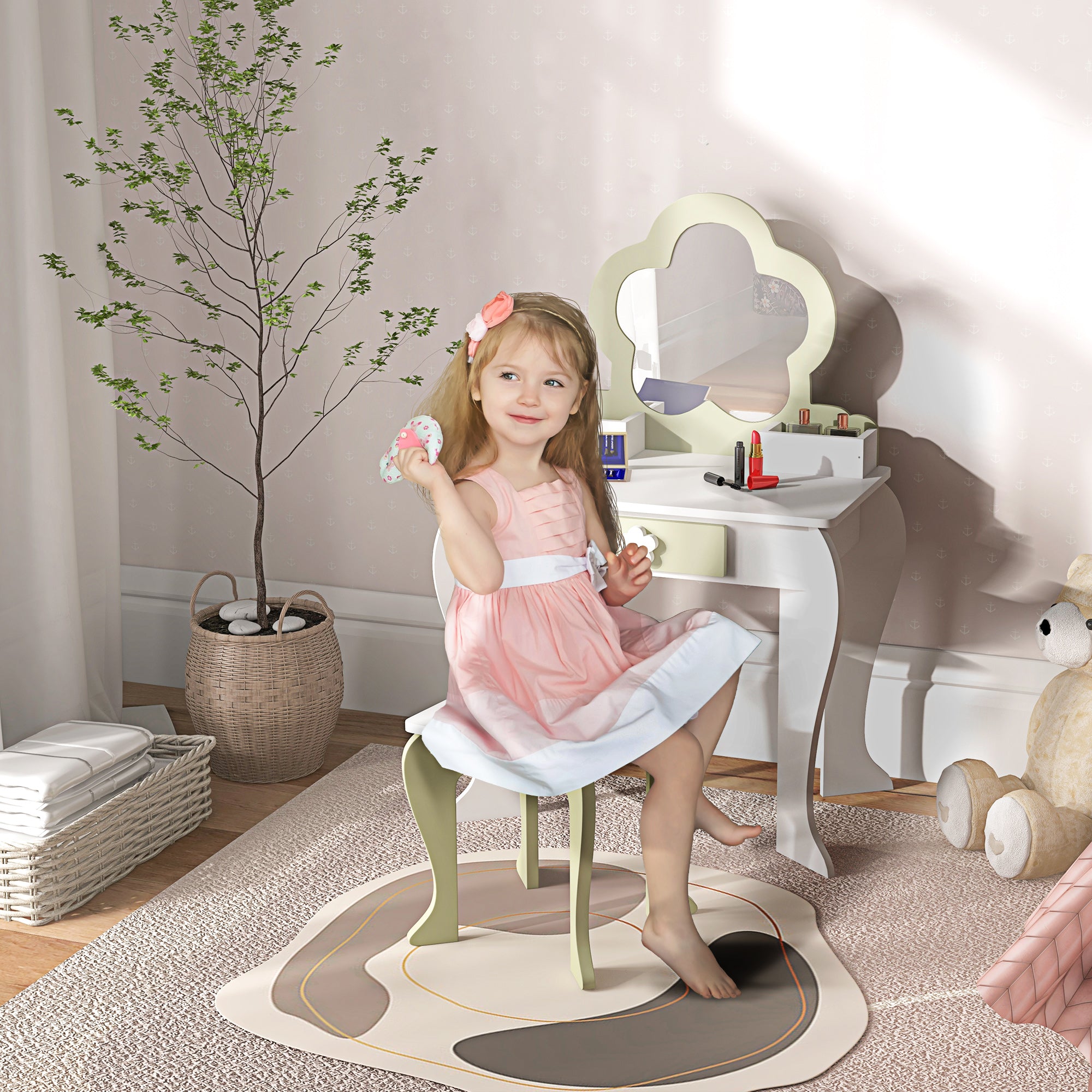2 Piece Kids Vanity Table and Stool Set with Mirror White
