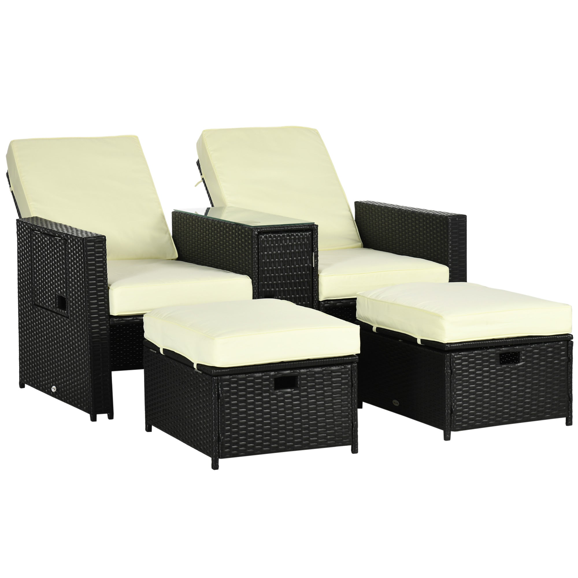 5 Piece PE Rattan Sun Lounger Set with Adjustable Recliners and Side Table - Black