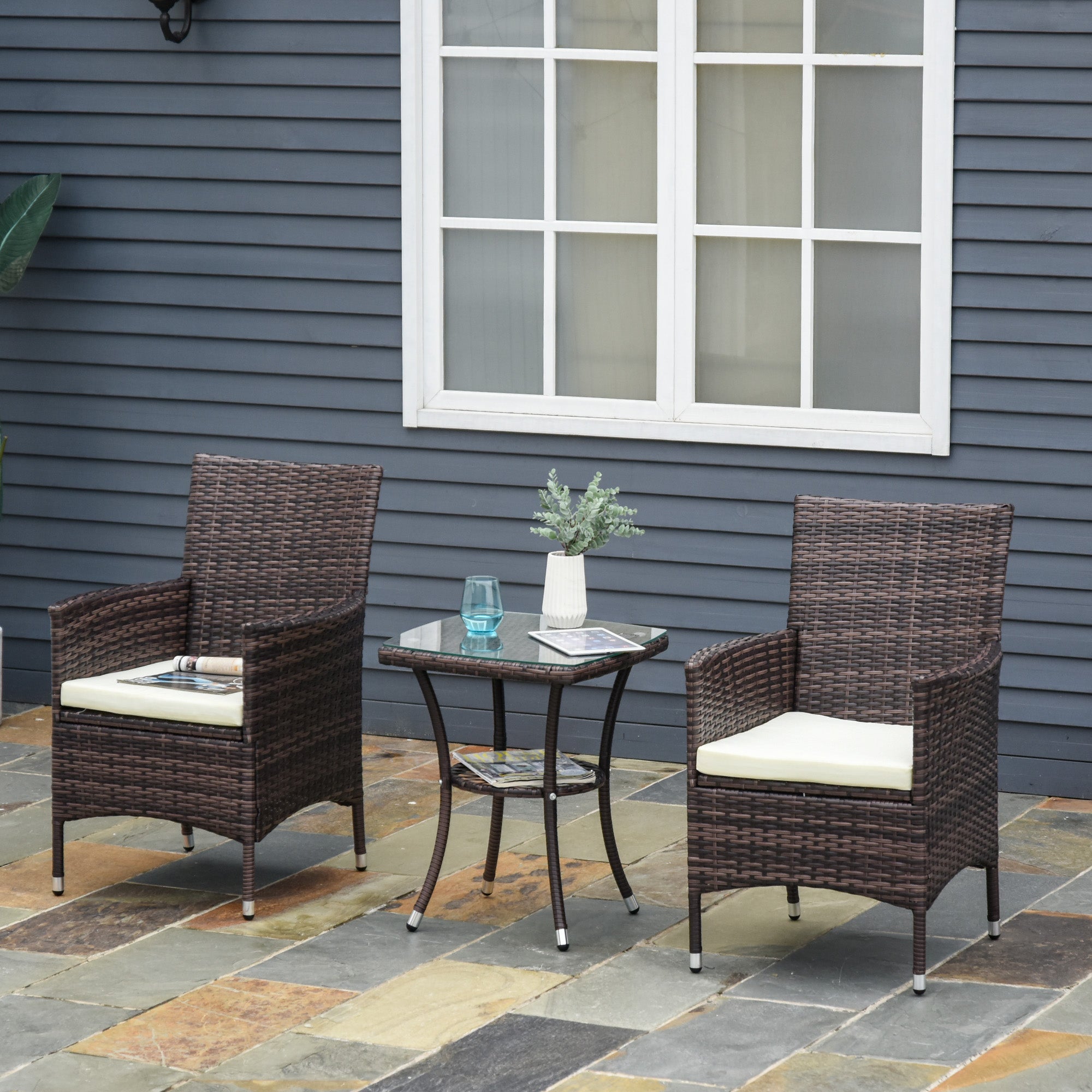 3 Piece Garden Rattan Bistro Set - Durable All Weather Brown