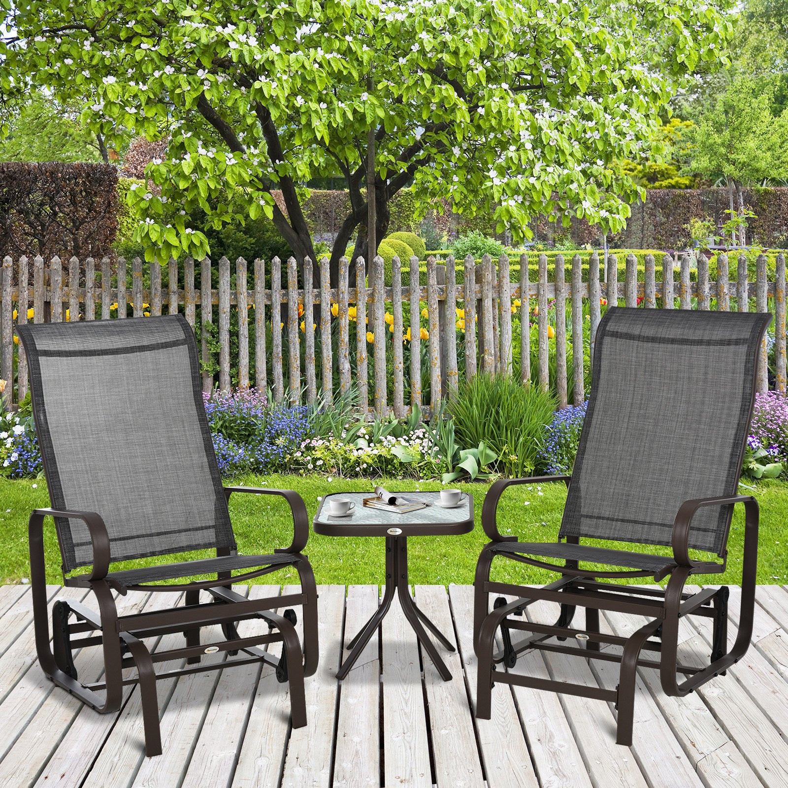 3 Piece Outdoor Swing Chair and Tea Table Set with Smooth Gliding - Black