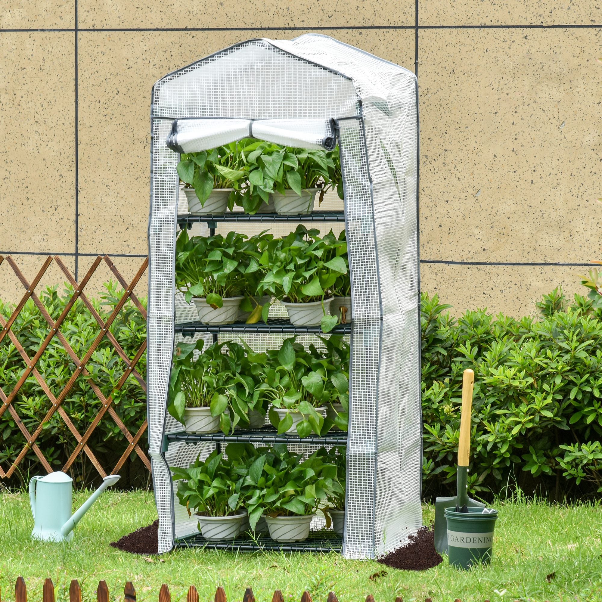 4 Tier Portable Greenhouse with Metal Frame and PE Cover - White