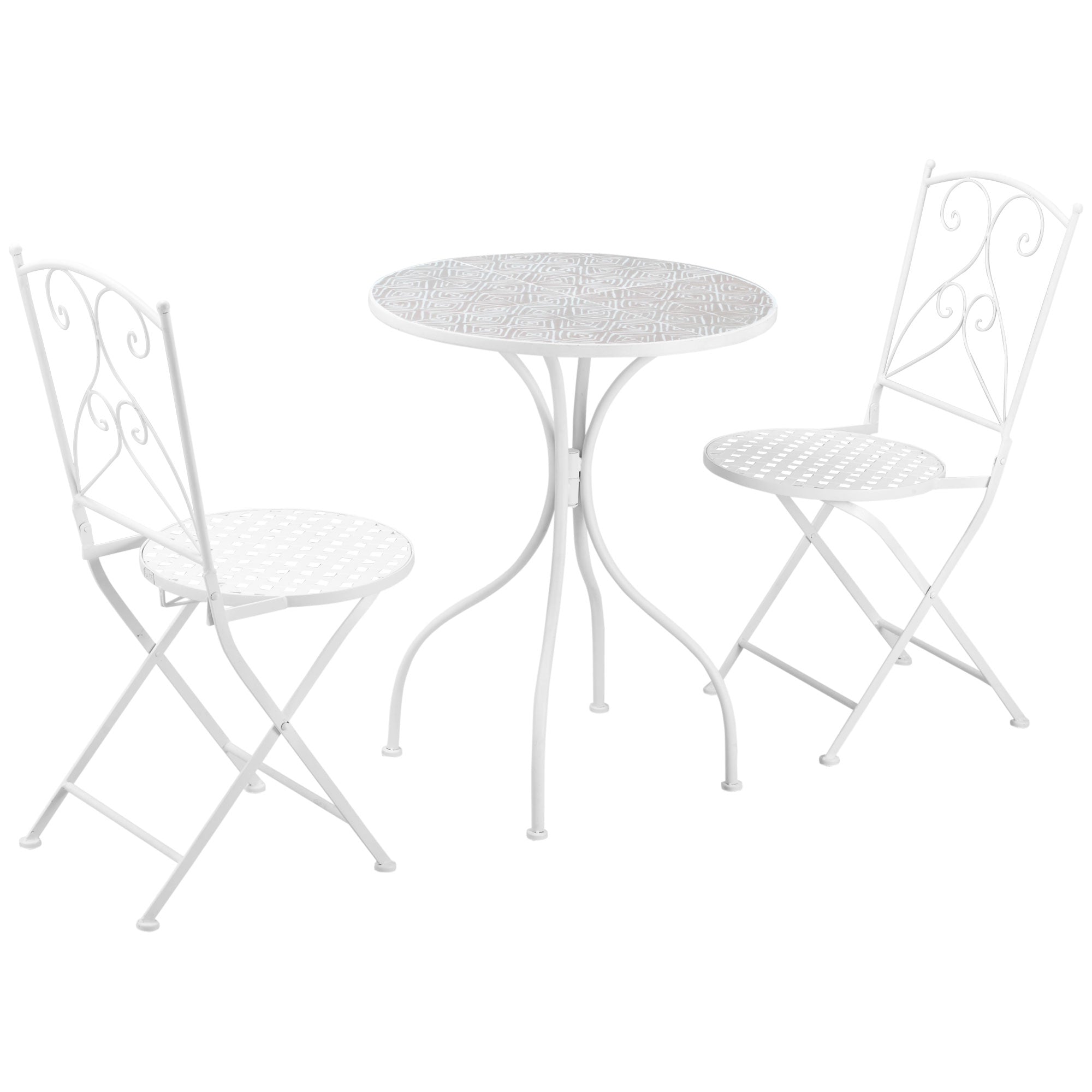 3 Piece Garden Bistro Set with White Metal Mosaic Table and Chairs