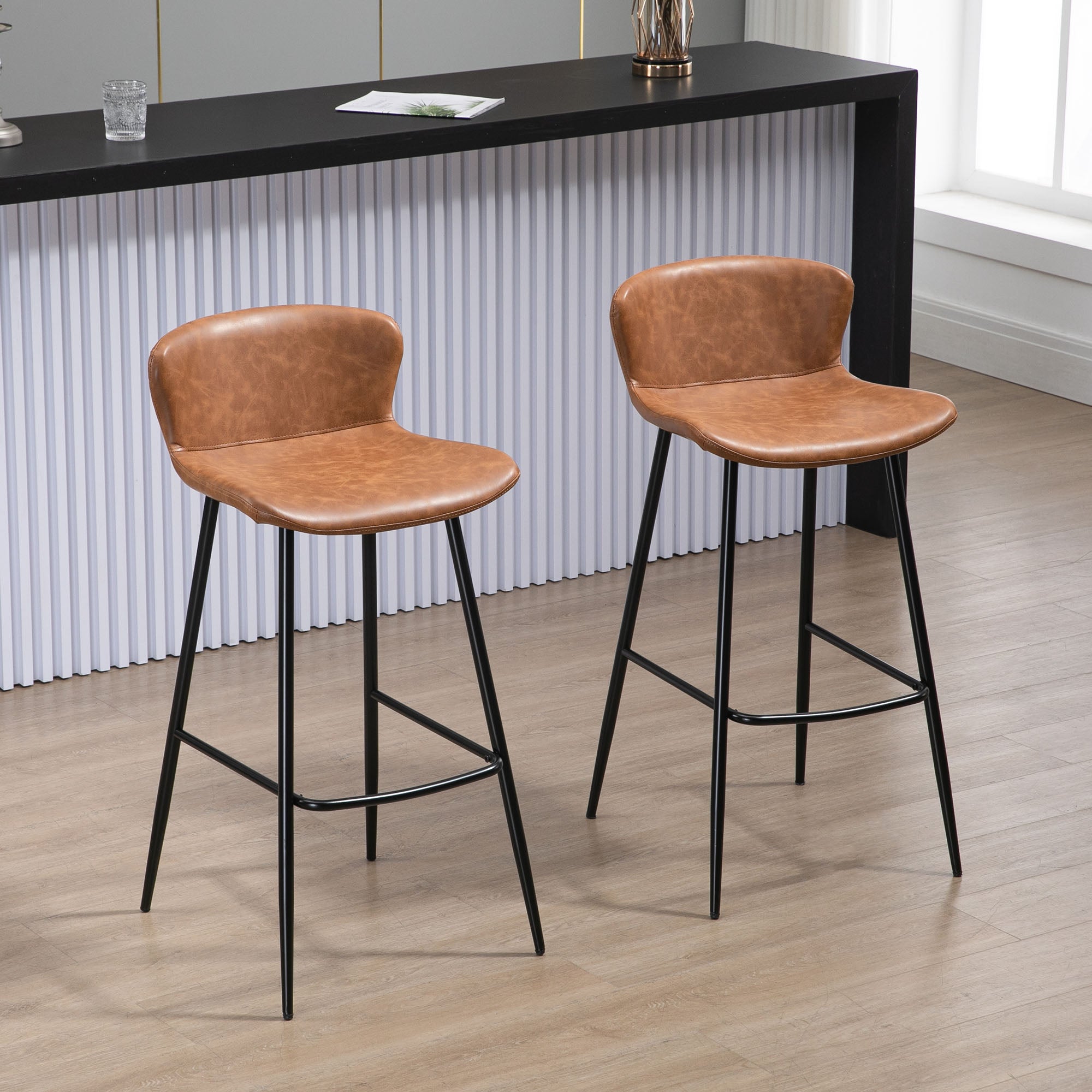 Vintage PU Leather Bar Stools Set of 2 with Steel Legs - Brown