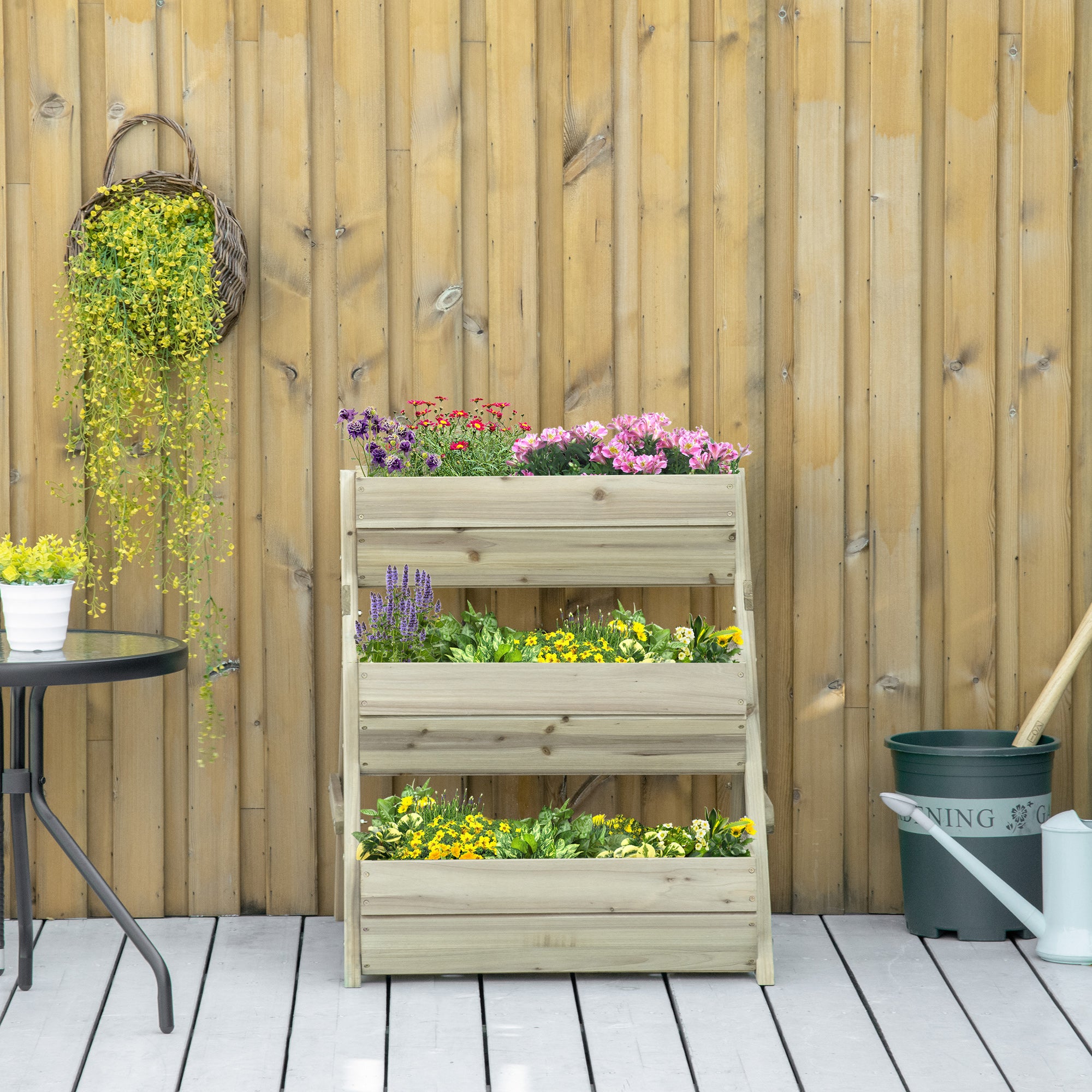 3 Tier Raised Wooden Garden Planter Box Kit with Drainage Holes - Green