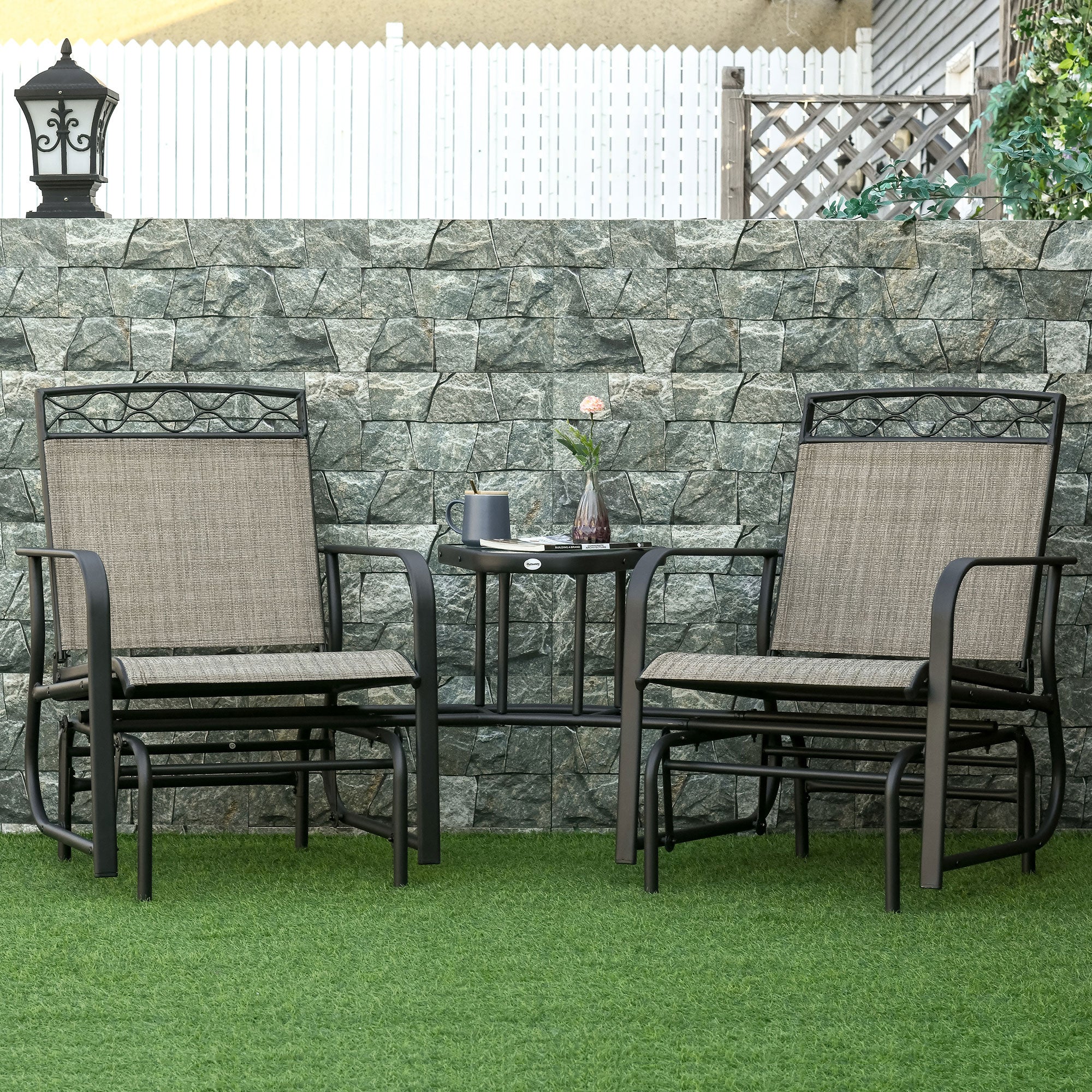 2 Seater Outdoor Glider Chair with Tempered Glass Table - Brown Mesh