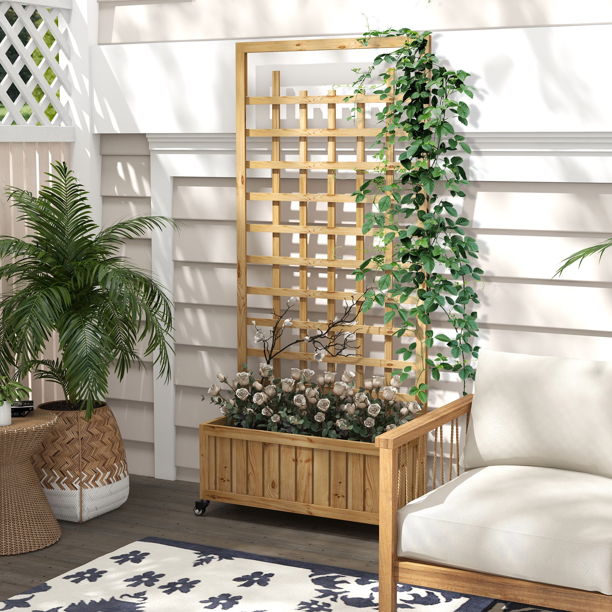 Wooden Raised Garden Bed with Trellis and Wheels - Natural Finish
