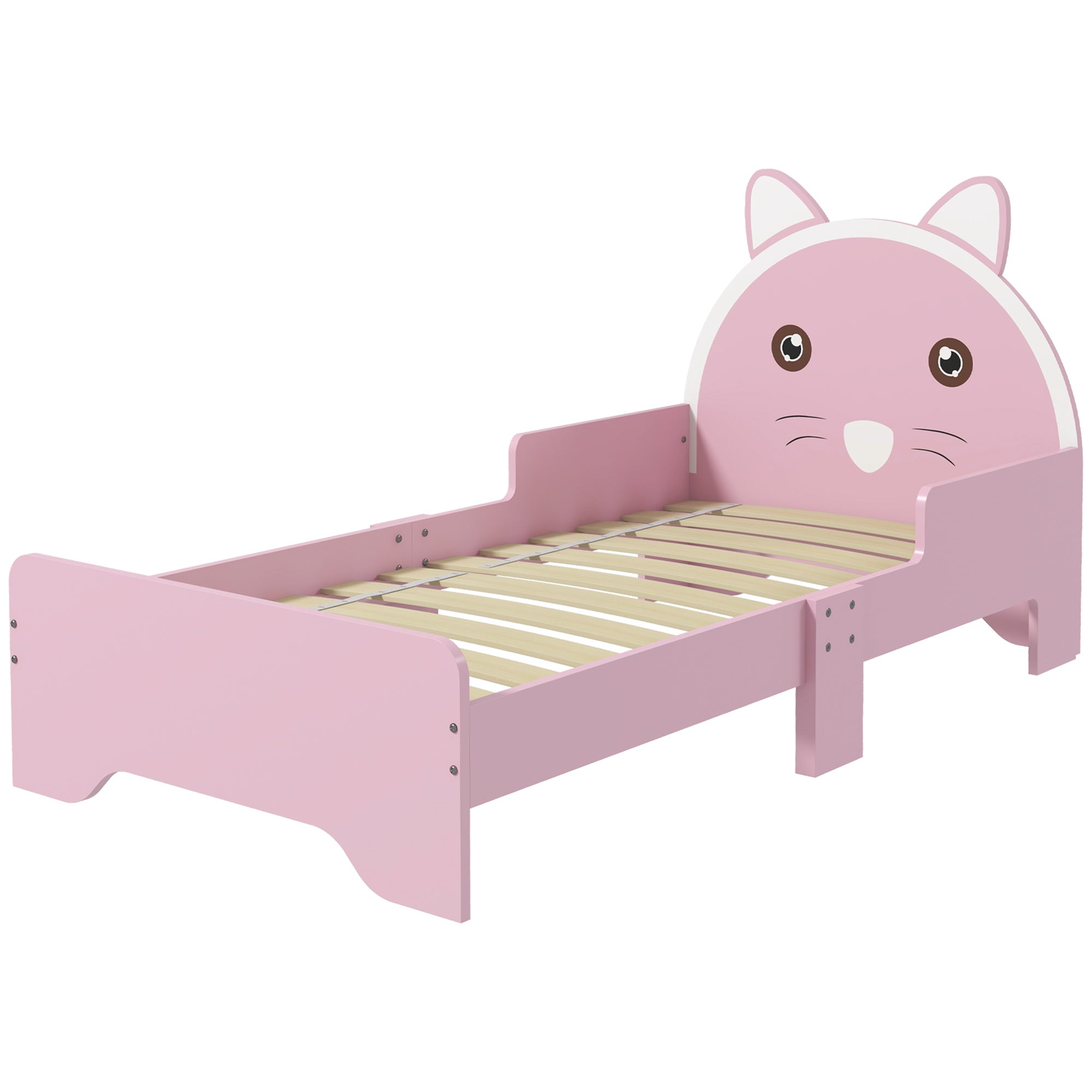 Toddler Bed Frame with Guardrails and Cat Design - Pink