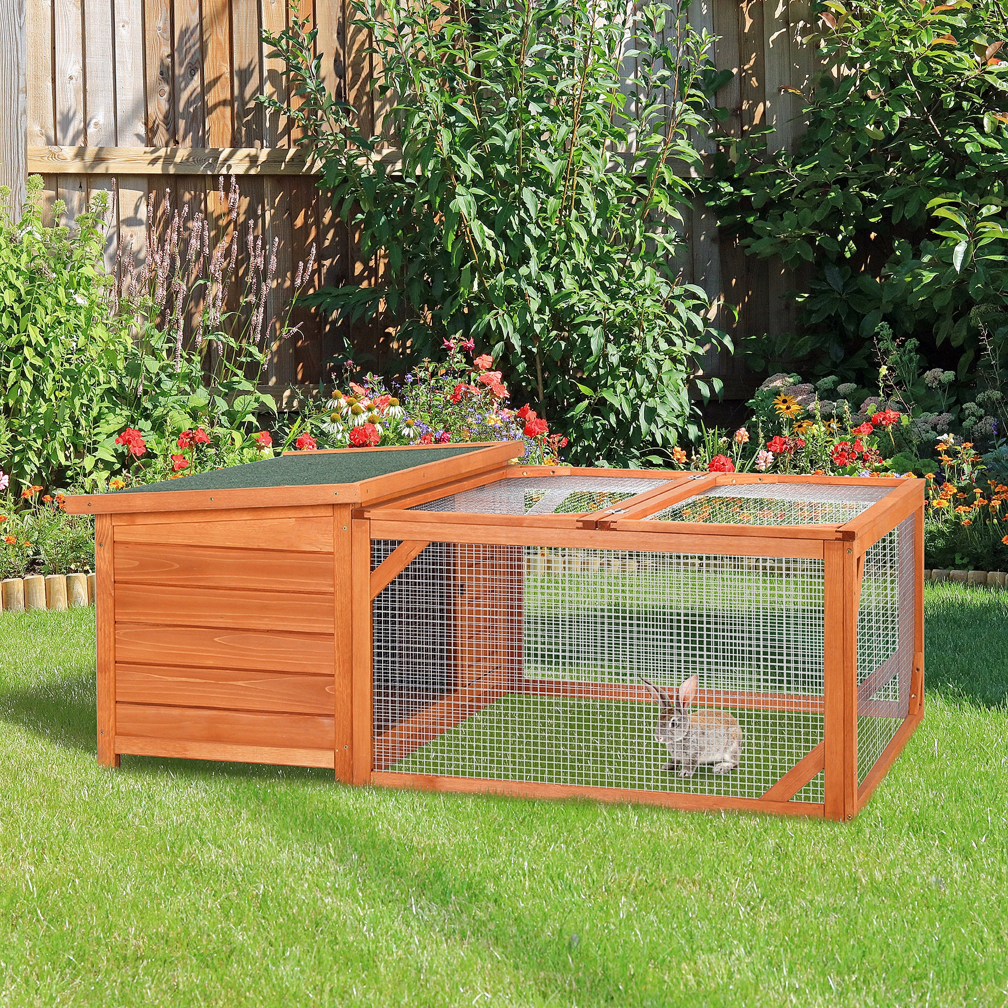 Rabbit Hutch Small Animal Guinea Pig House Off-ground Ferret Bunny Cage Backyard with Openable Main House & Run Roof 125.5 x 100 x 49cm Orange
